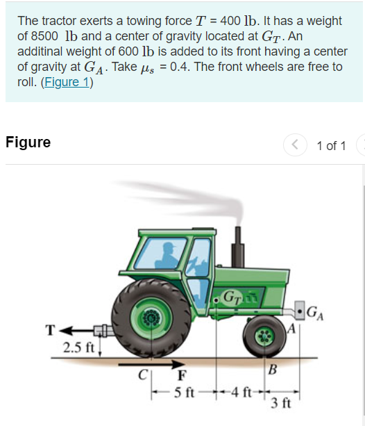The tractor exerts a towing force T = 4 0 0 l b .