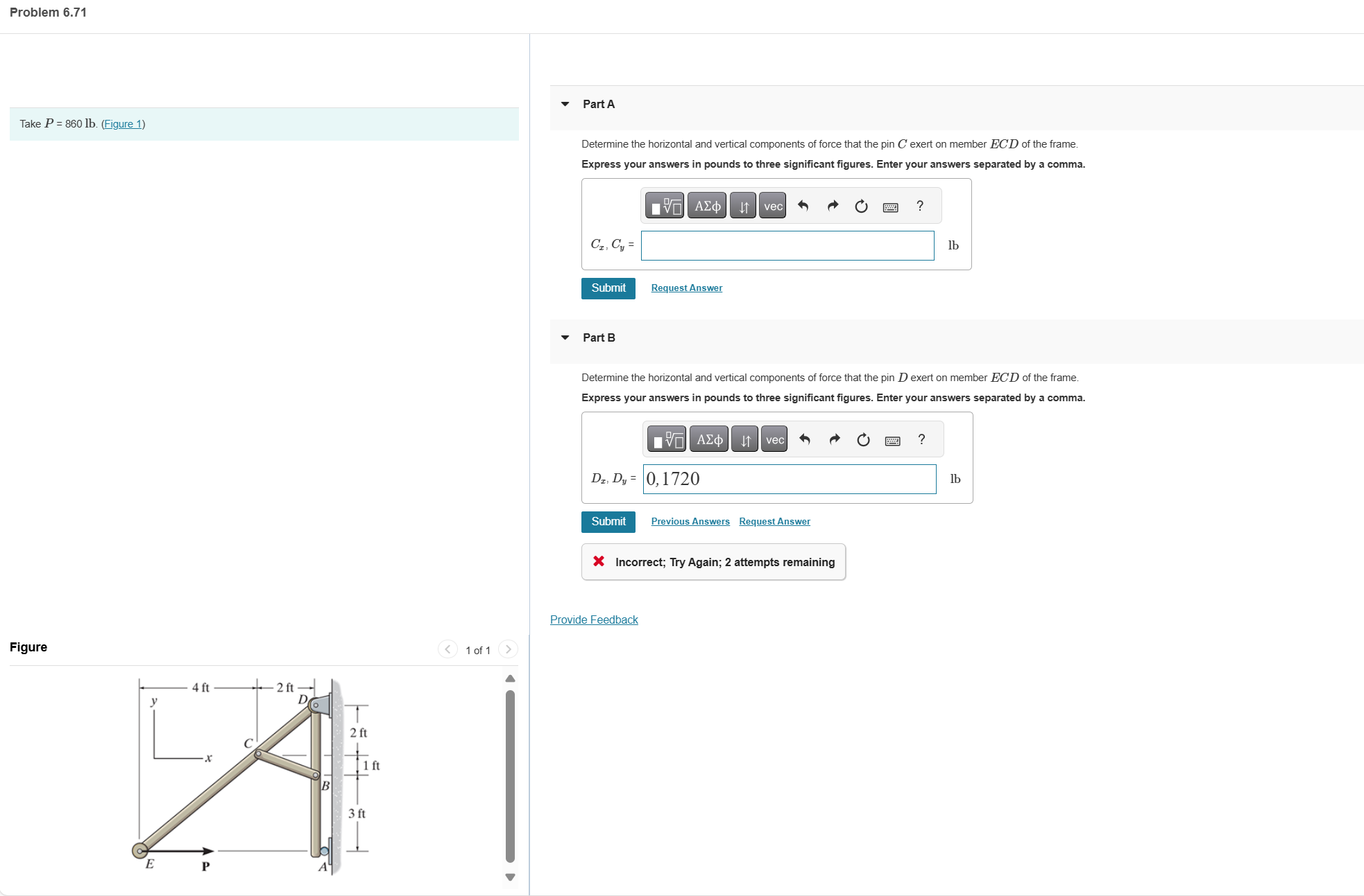 Problem 6 . 7 1 Take \ ( P = 8 6 0 \ mathrm { lb