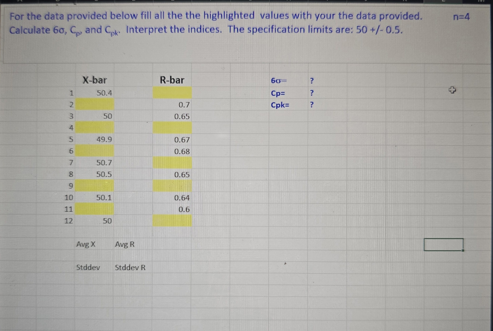 For the data provided below fill all the the