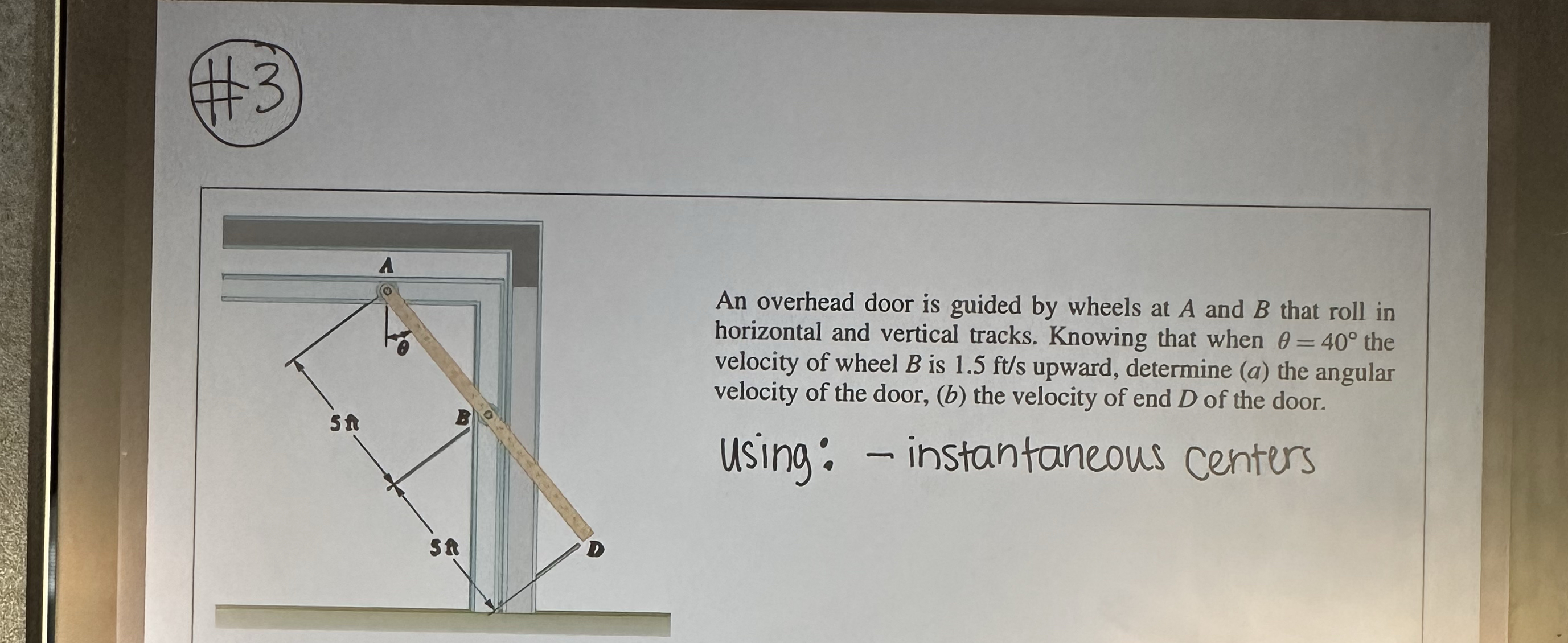 $ 3 ) An overhead door is guided by wheels at A