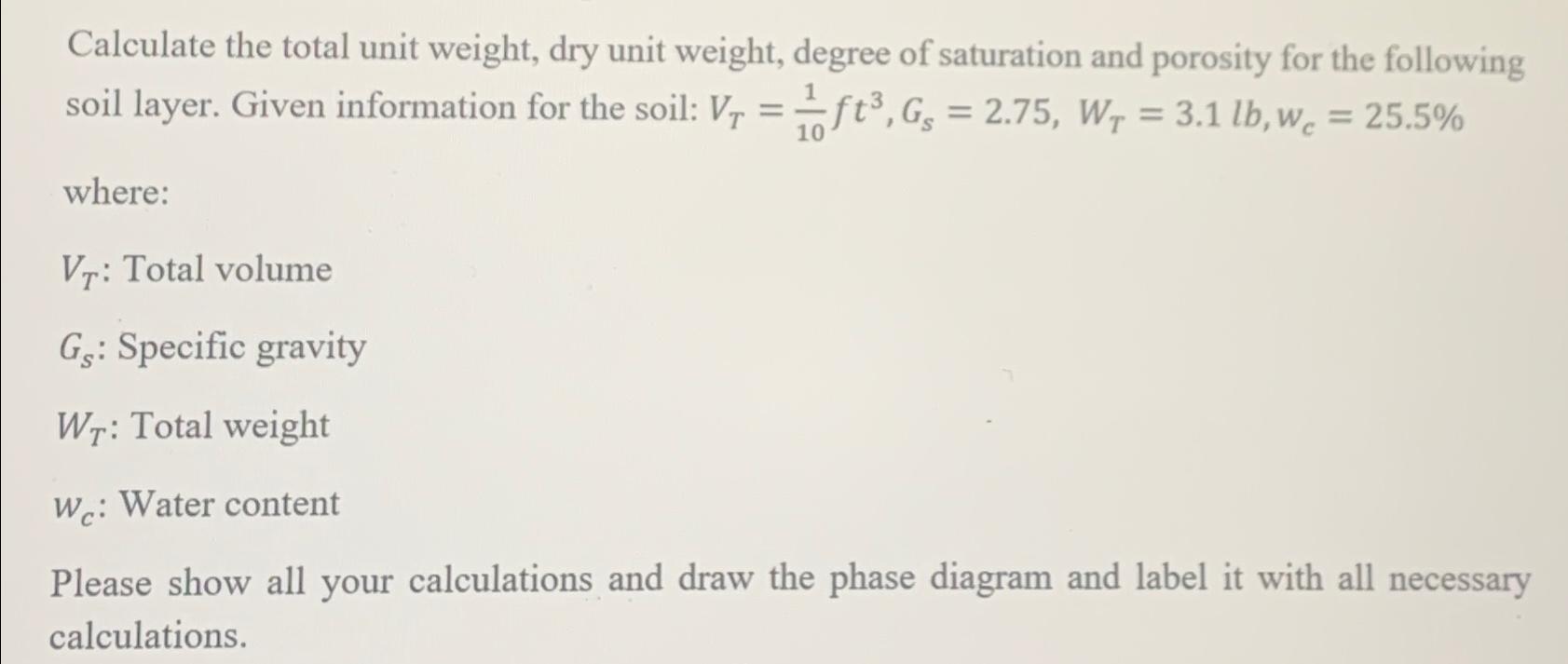 Calculate the total unit weight, dry unit weight,