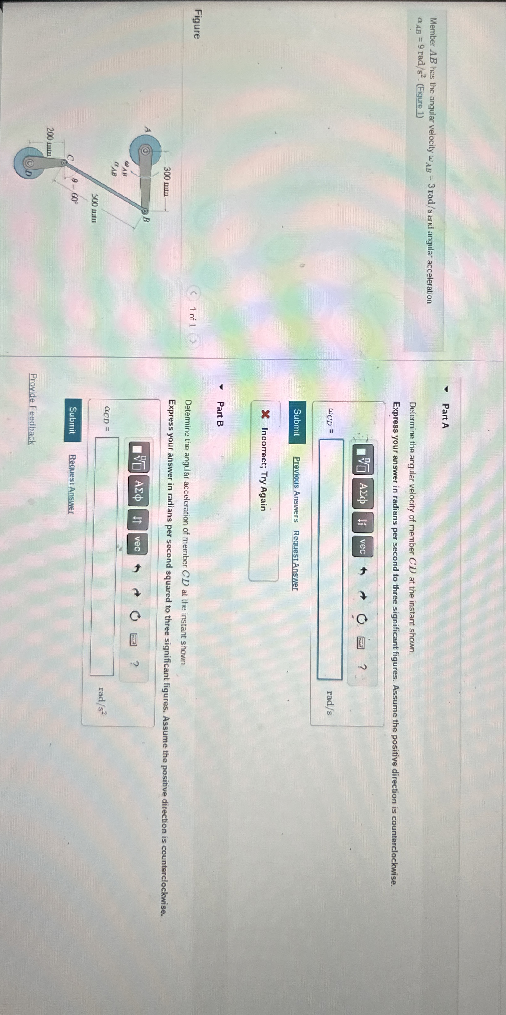 Member A B has the angular velocity A B = 3 r a d