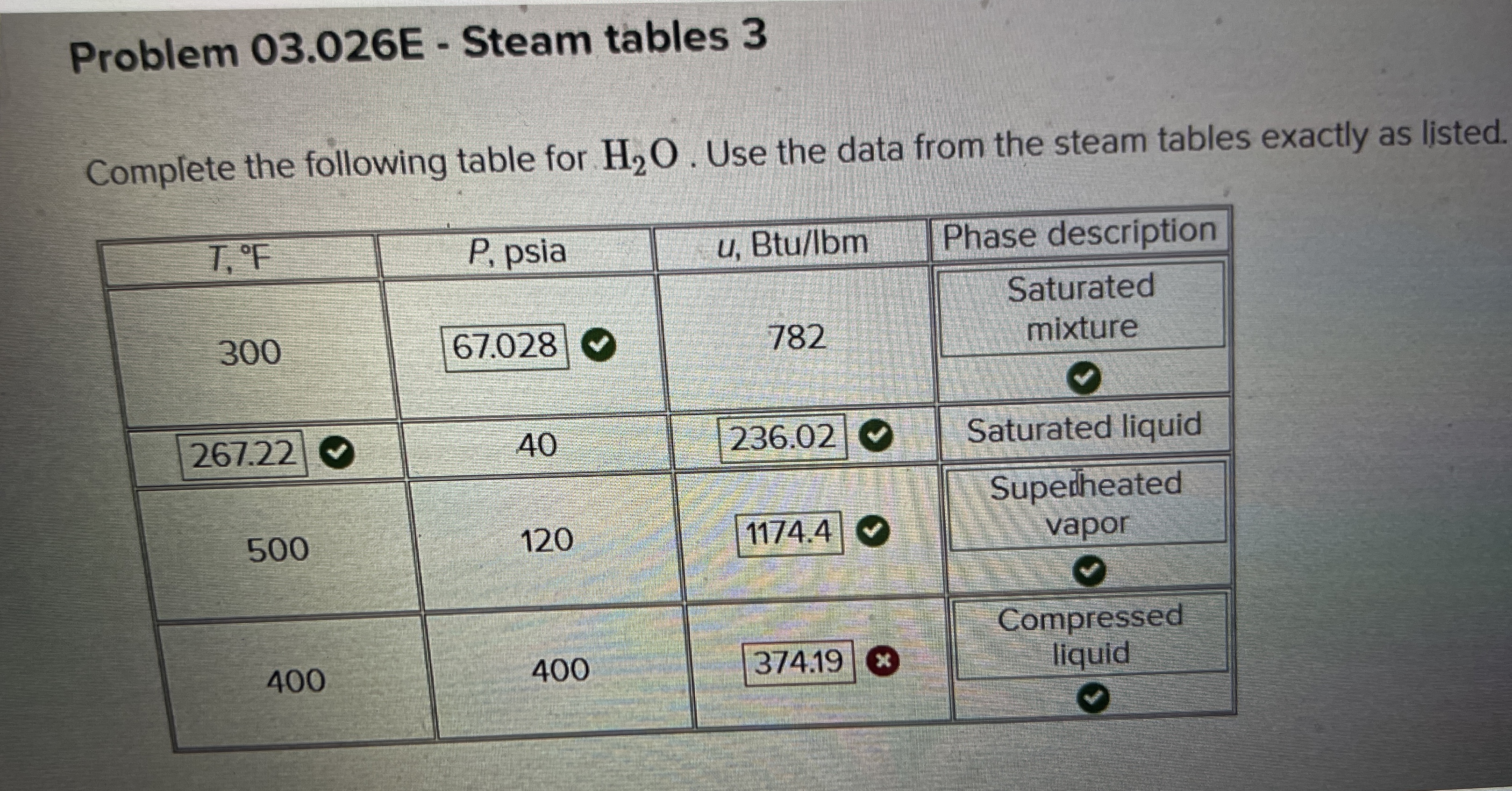 Problem 0 3 . 0 2 6 E - Steam tables 3 Complete
