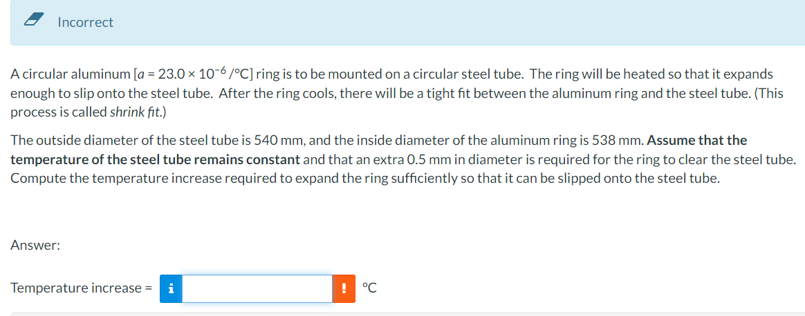 A circular aluminum a = 2 3 . 0 1 0 - 6 C ring is