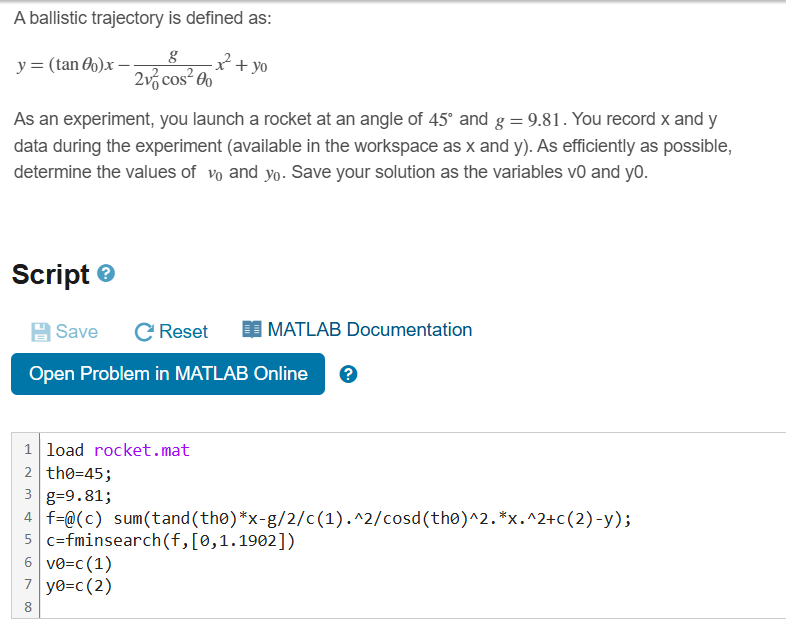 load rocket.mat th 0 = 4 5 ; g = 9 . 8 1 ; f = @