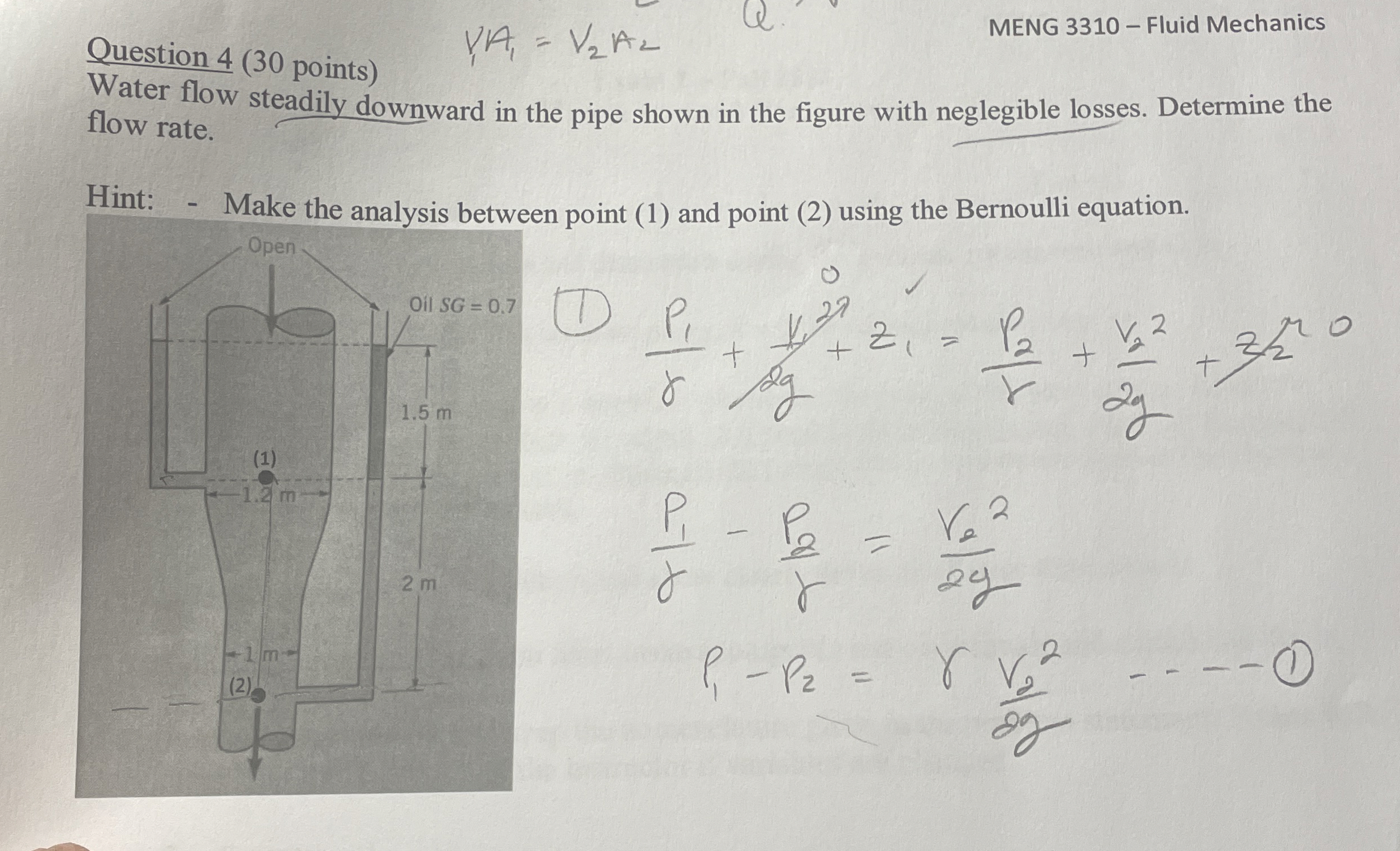 Question 4 ( 3 0 points ) Y 1 A 1 = V 2 A 2 MENG
