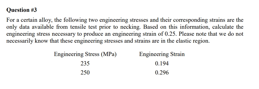 Question # 3 For a certain alloy, the following