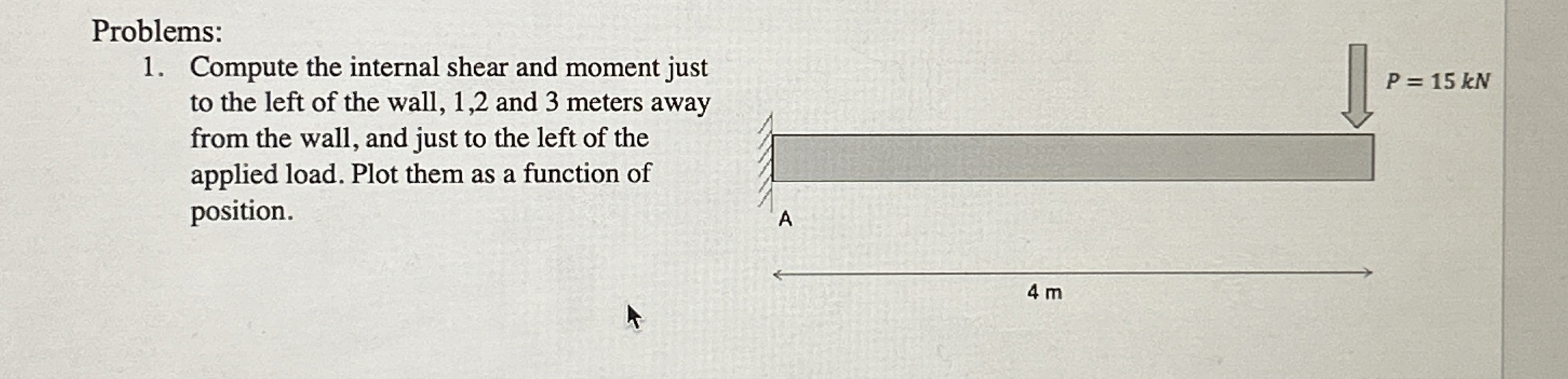 Problems: Compute the internal shear and moment