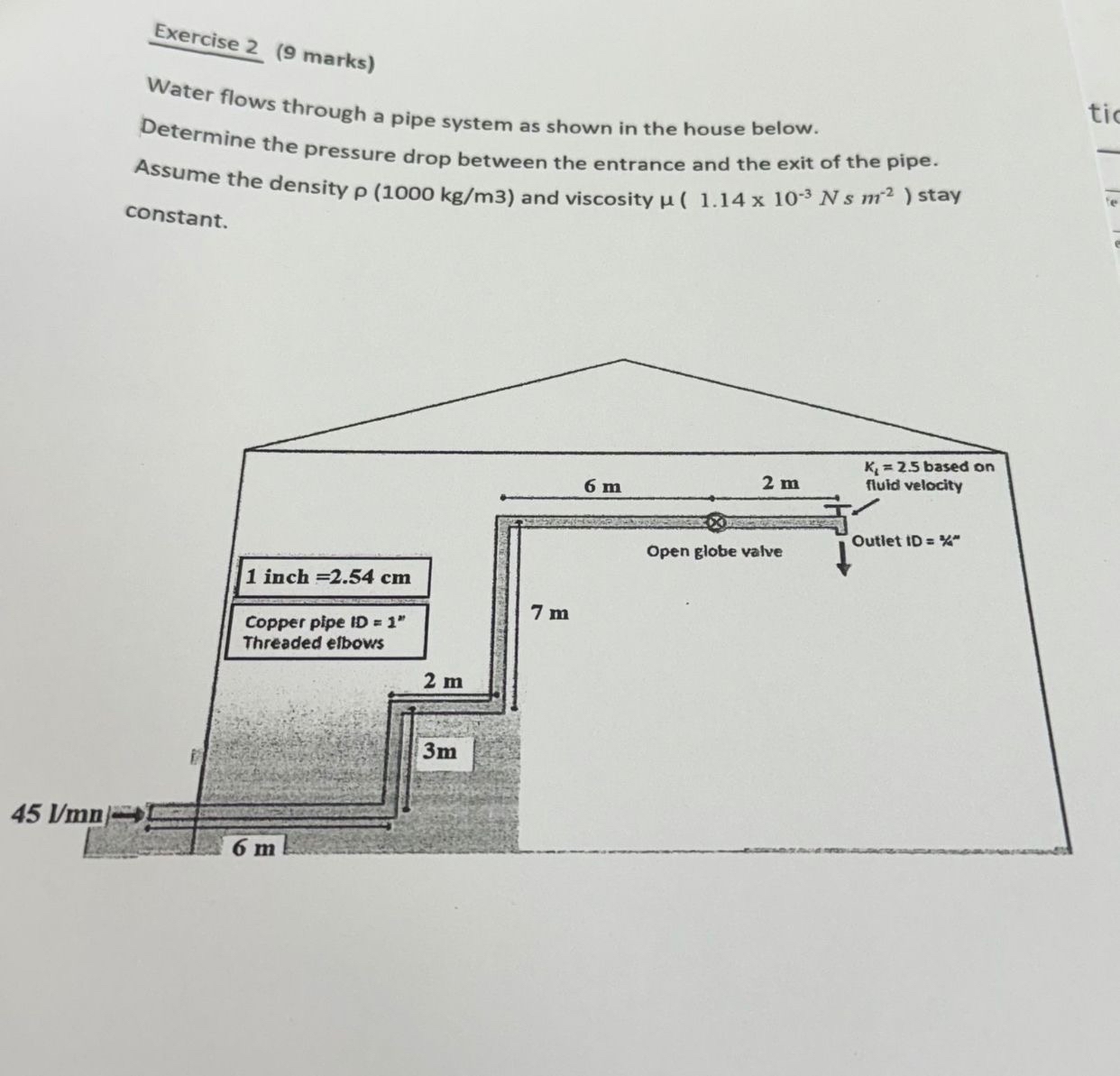 Exercise 2 ( 9 marks ) Water flows through a pipe