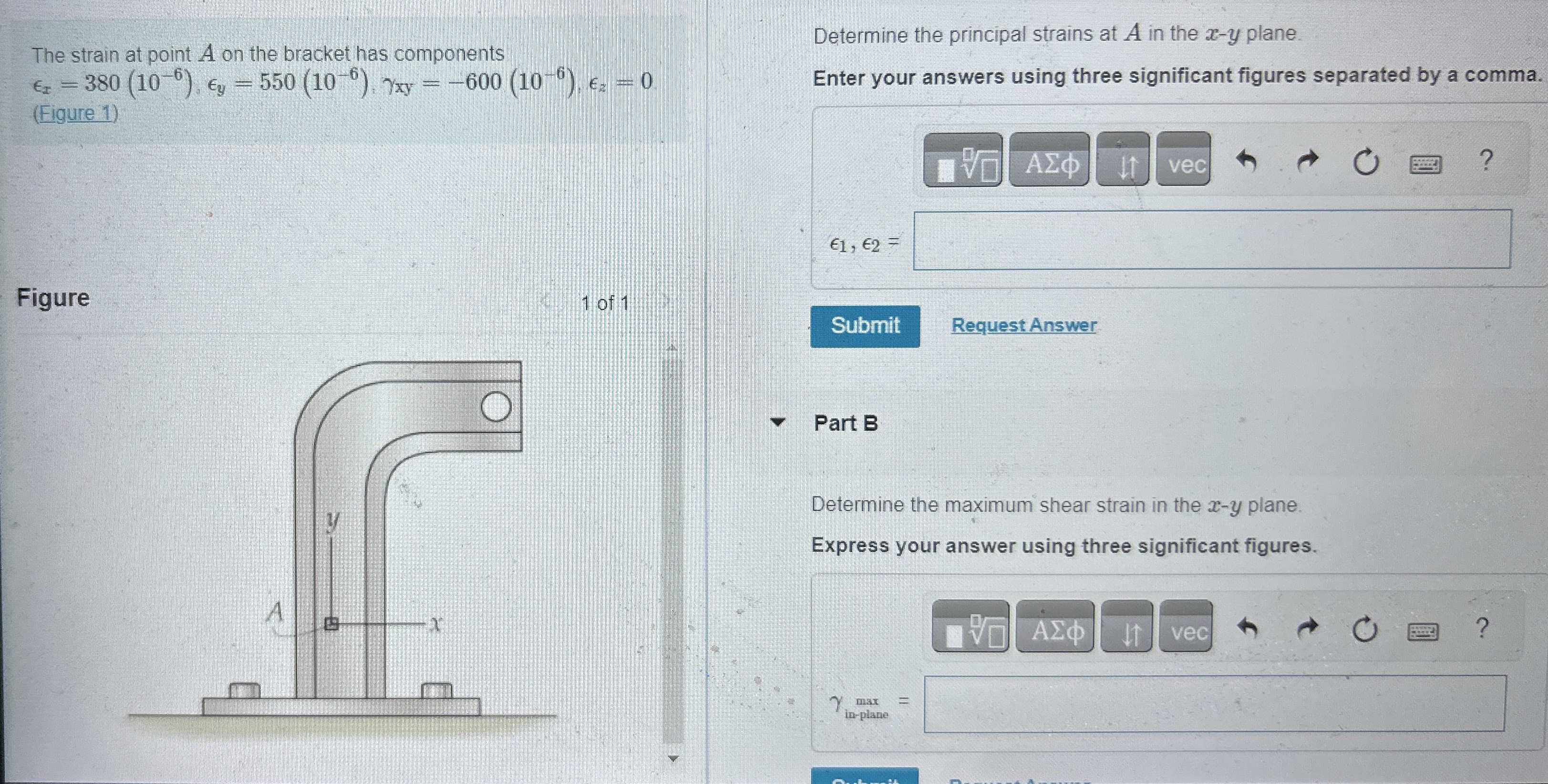 The strain at point A on the bracket has