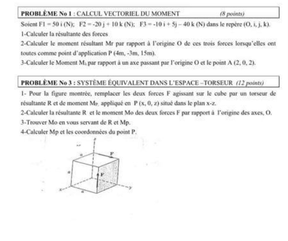 PROBL ME No 1 : CALCUL VECTORIEL DU MOMENT ( 8