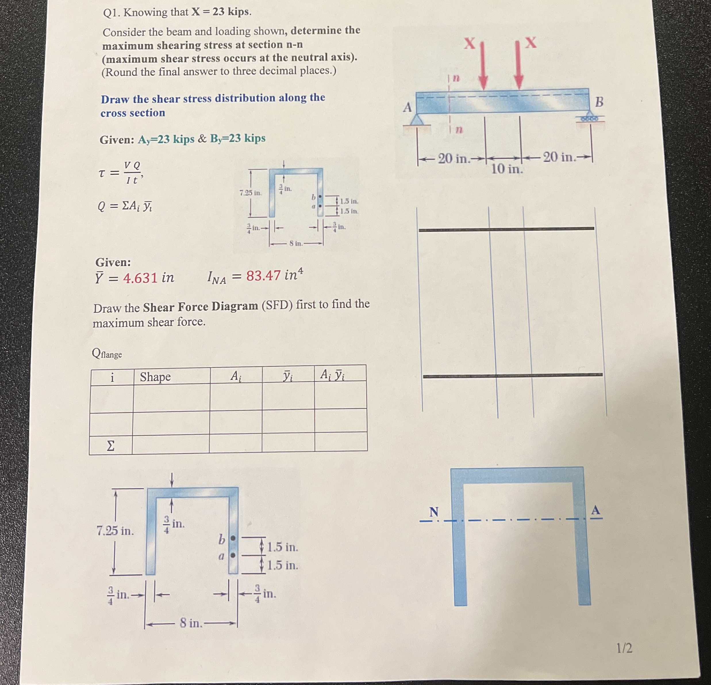 Q 1 . Knowing that x = 2 3 kips. Consider the