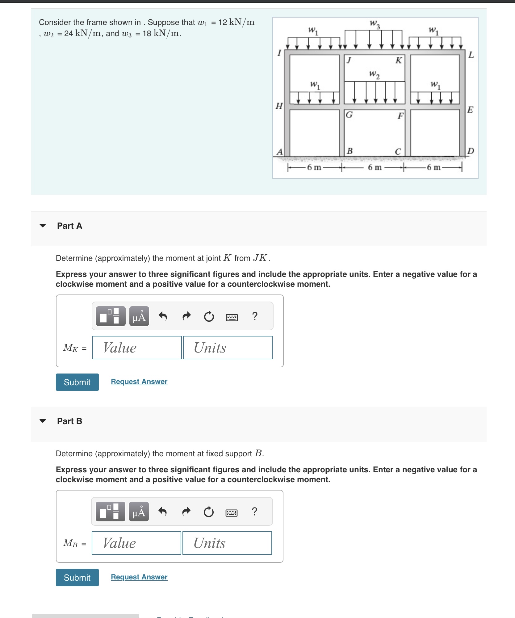 Consider the frame shown in . Suppose that w 1 =