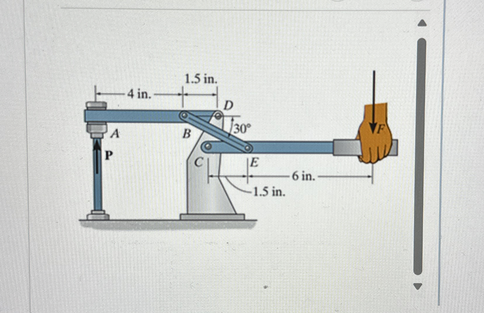 Force F = 7 . 5 l b is applied to the handle of