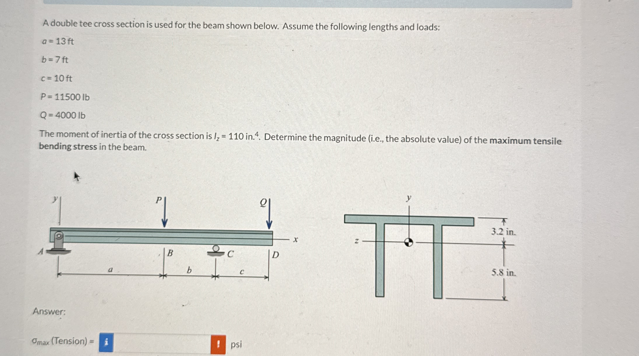 A double tee cross section is used for the beam
