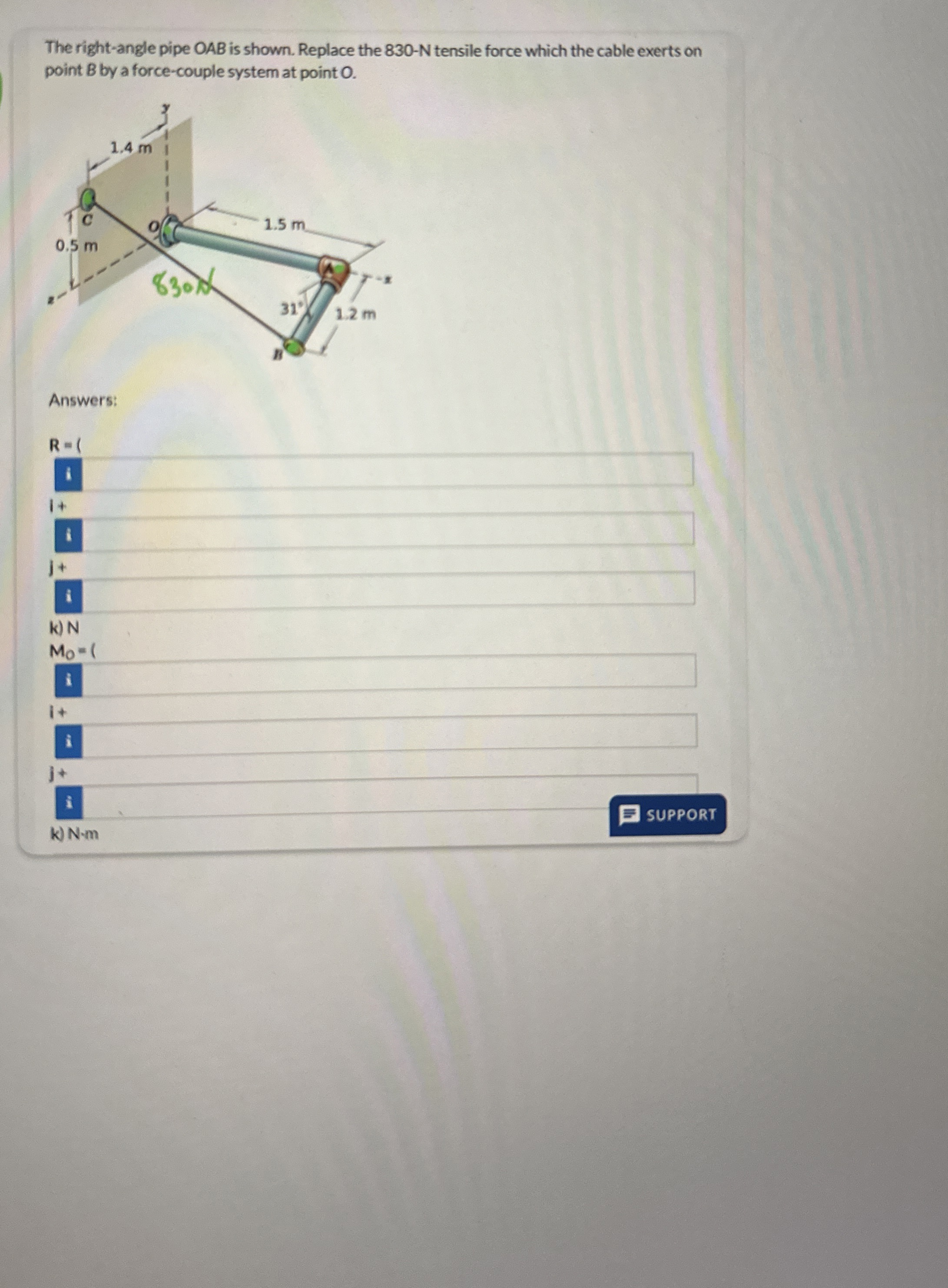 The right - angle pipe OAB is shown. Replace the