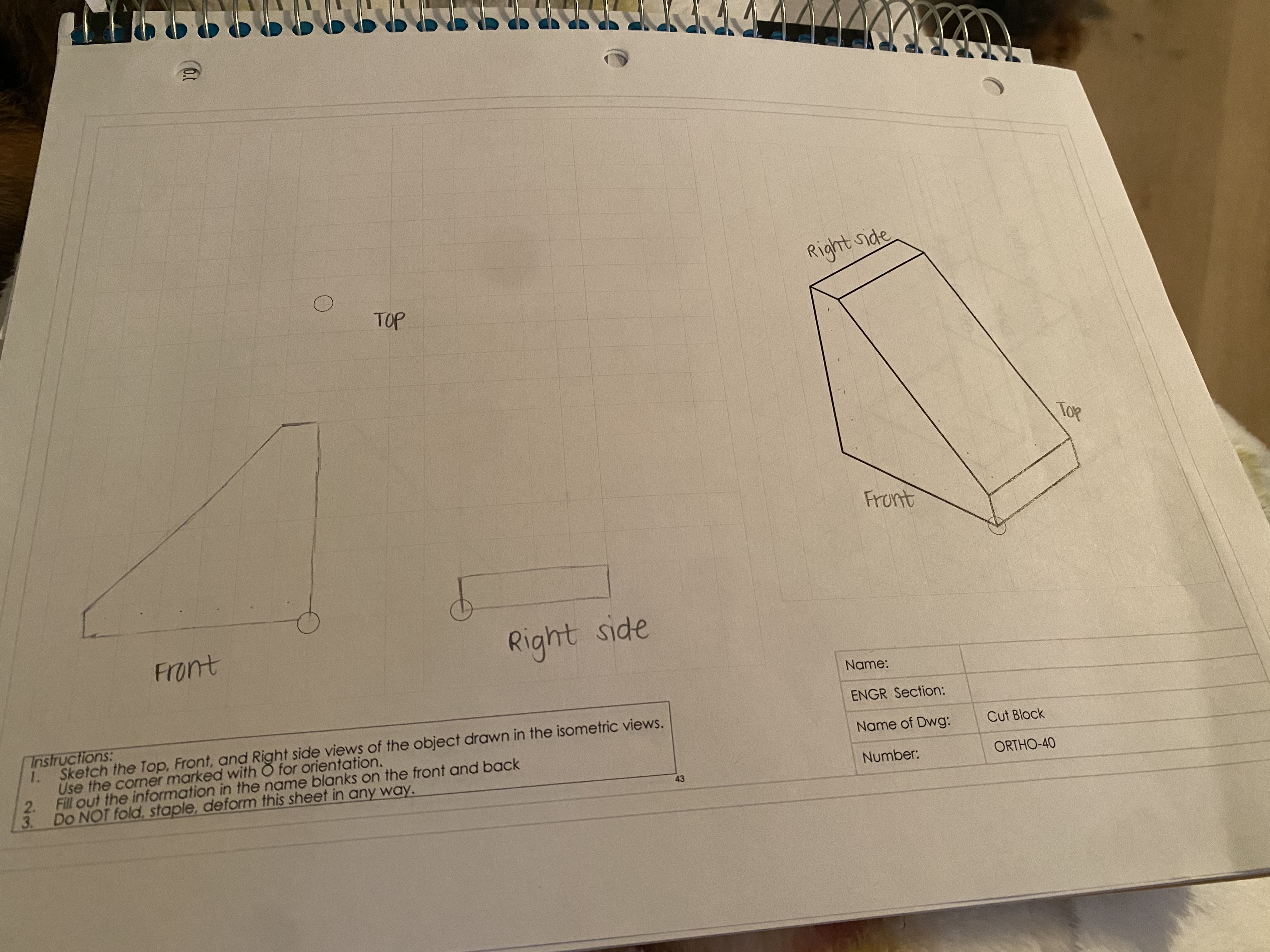 sketch the top, front, and right side views of