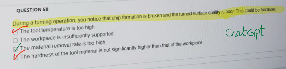 During a turning operation, you notice that chip