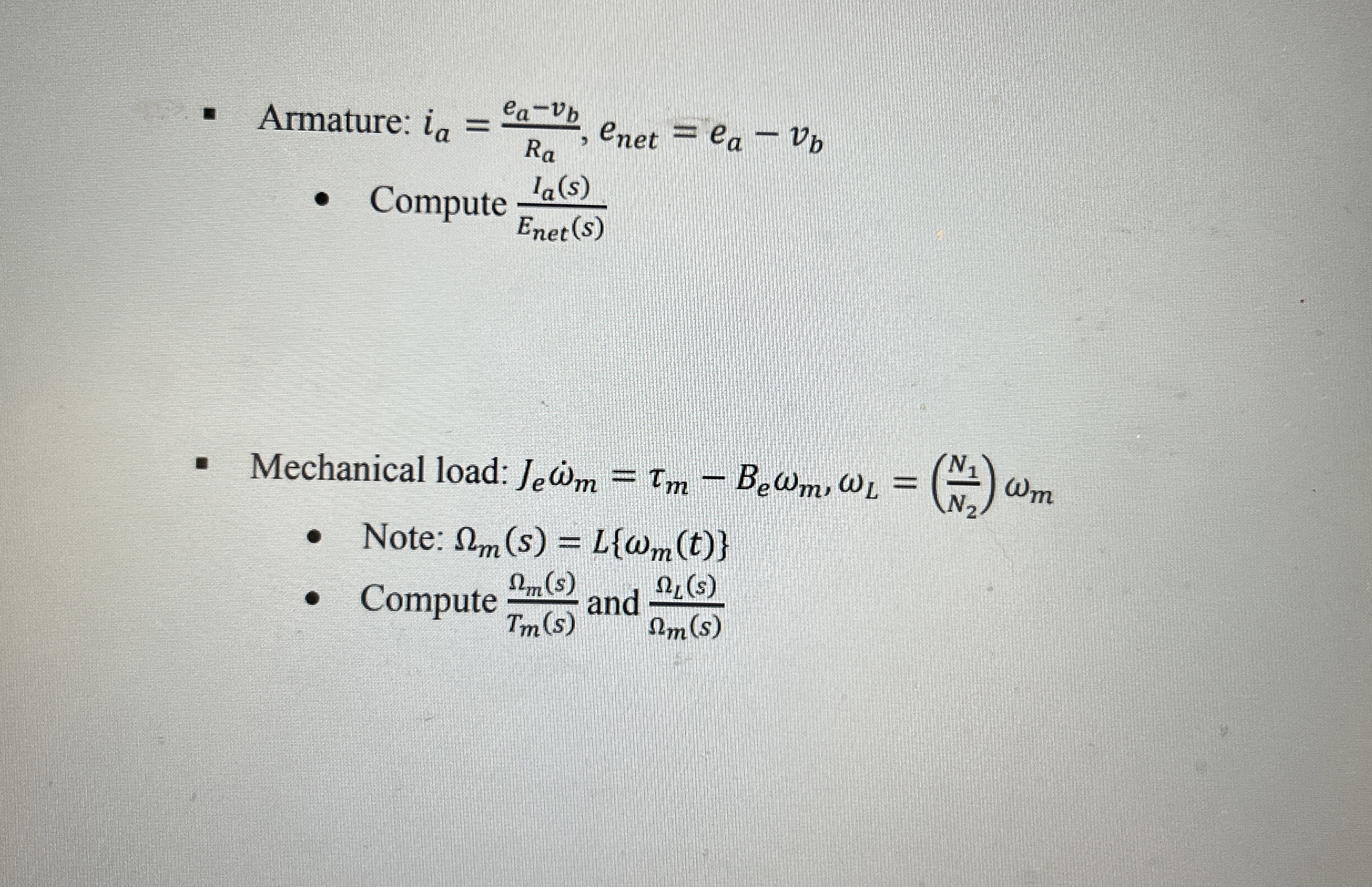 Armature: i a = e a - v b R a , e n e t = e a - v