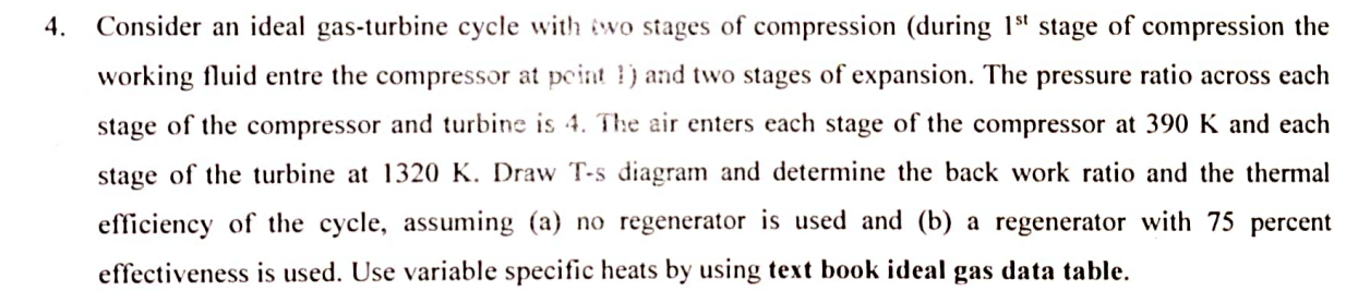 4 . Consider an ideal gas - turbine cycle with