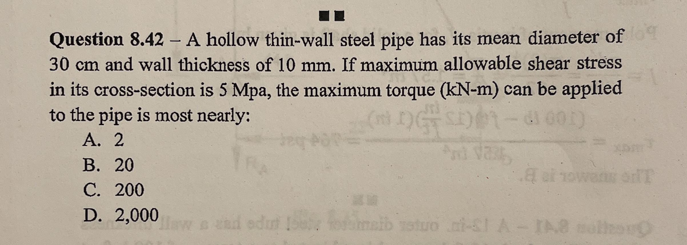 Question 8 . 4 2 - A hollow thin - wall steel