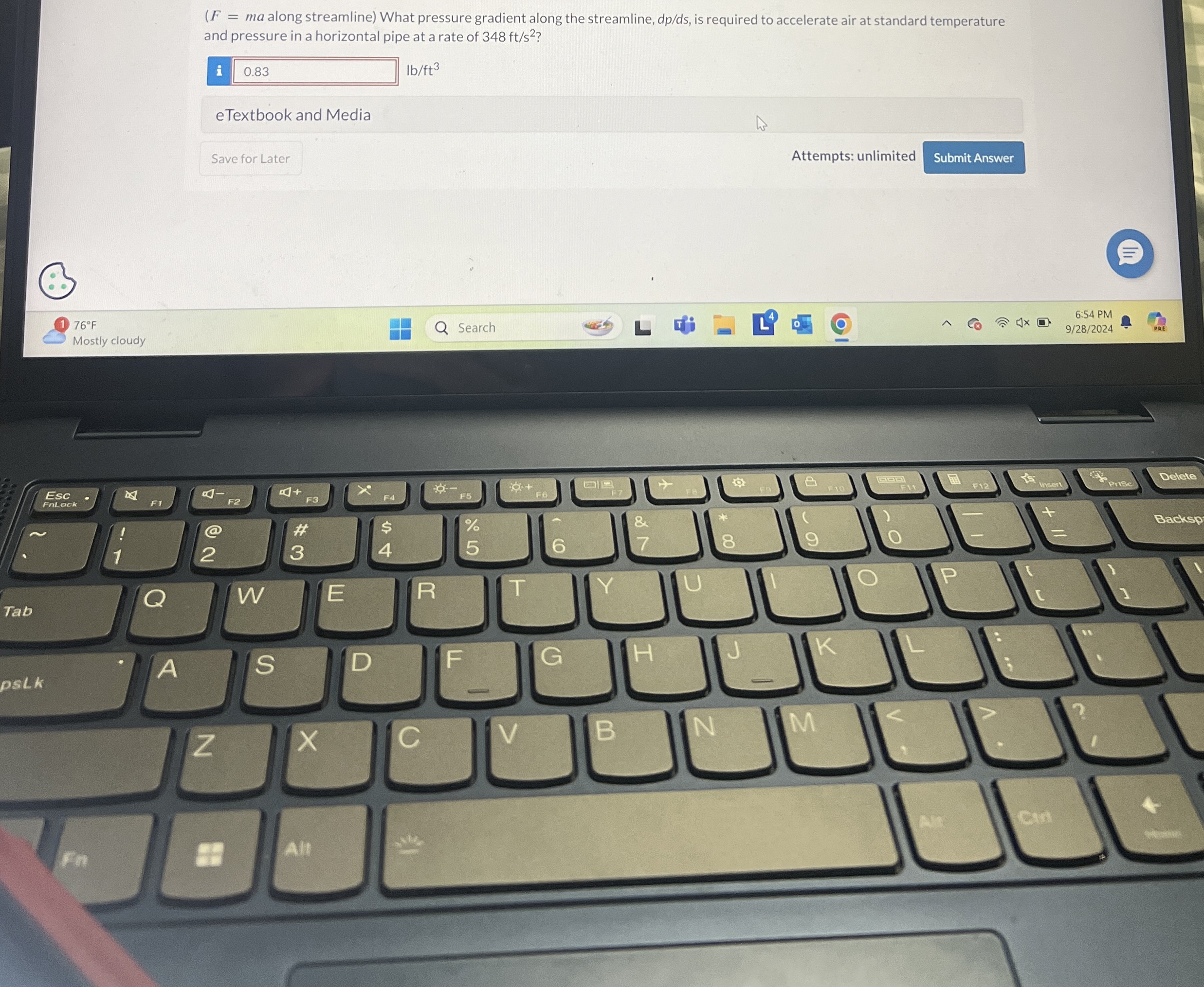 ( F = m a along streamline ) What pressure