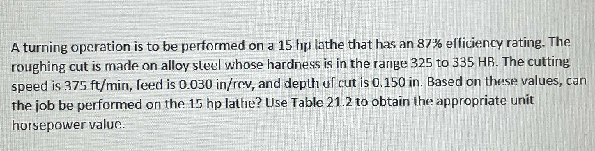 A turning operation is to be performed on a 1 5