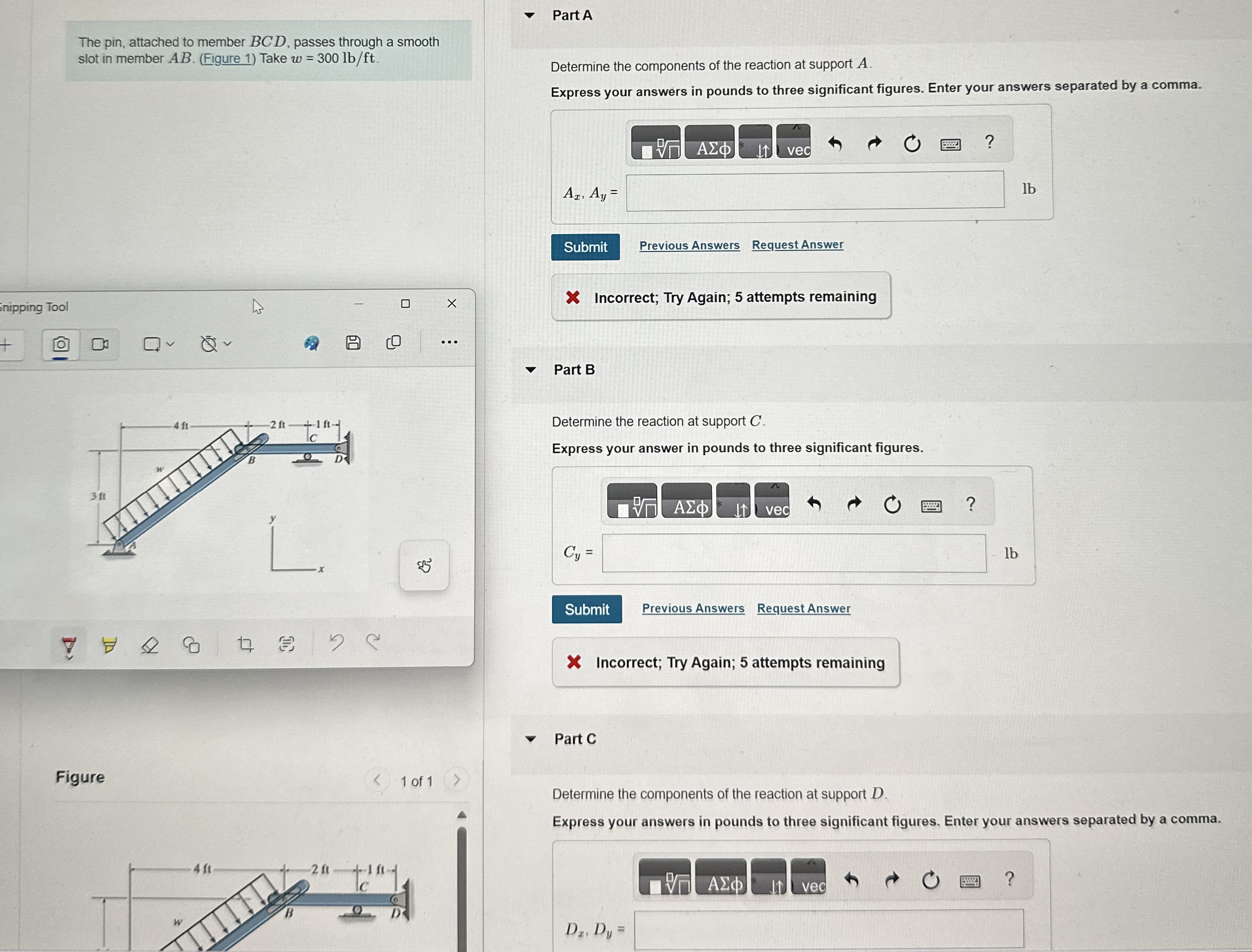 The pin, attached to member B C D , passes