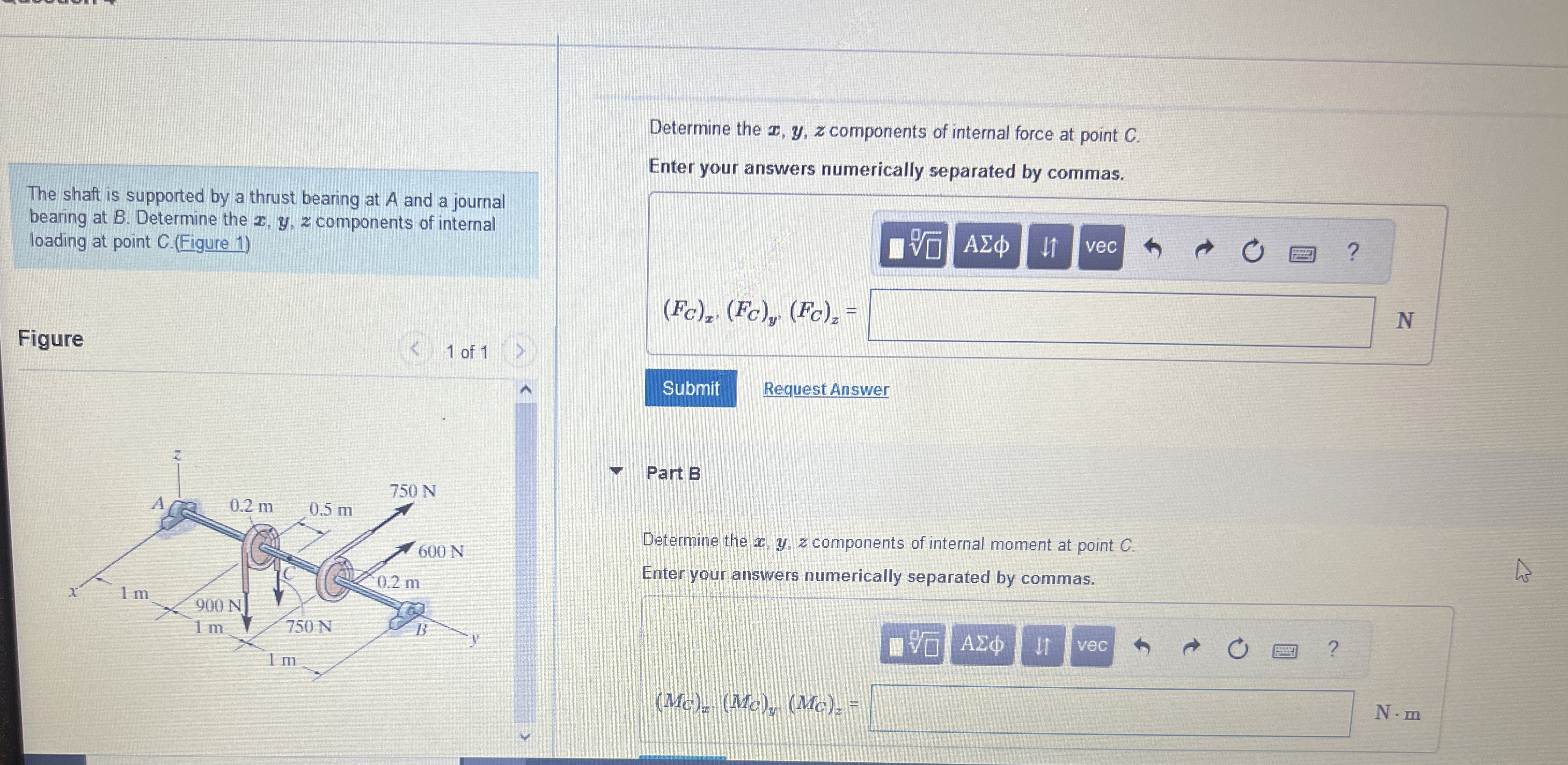 The shaft is supported by a thrust bearing at A