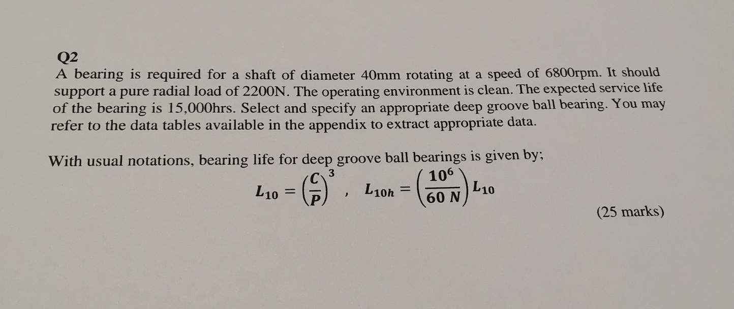Q 2 A bearing is required for a shaft of diameter