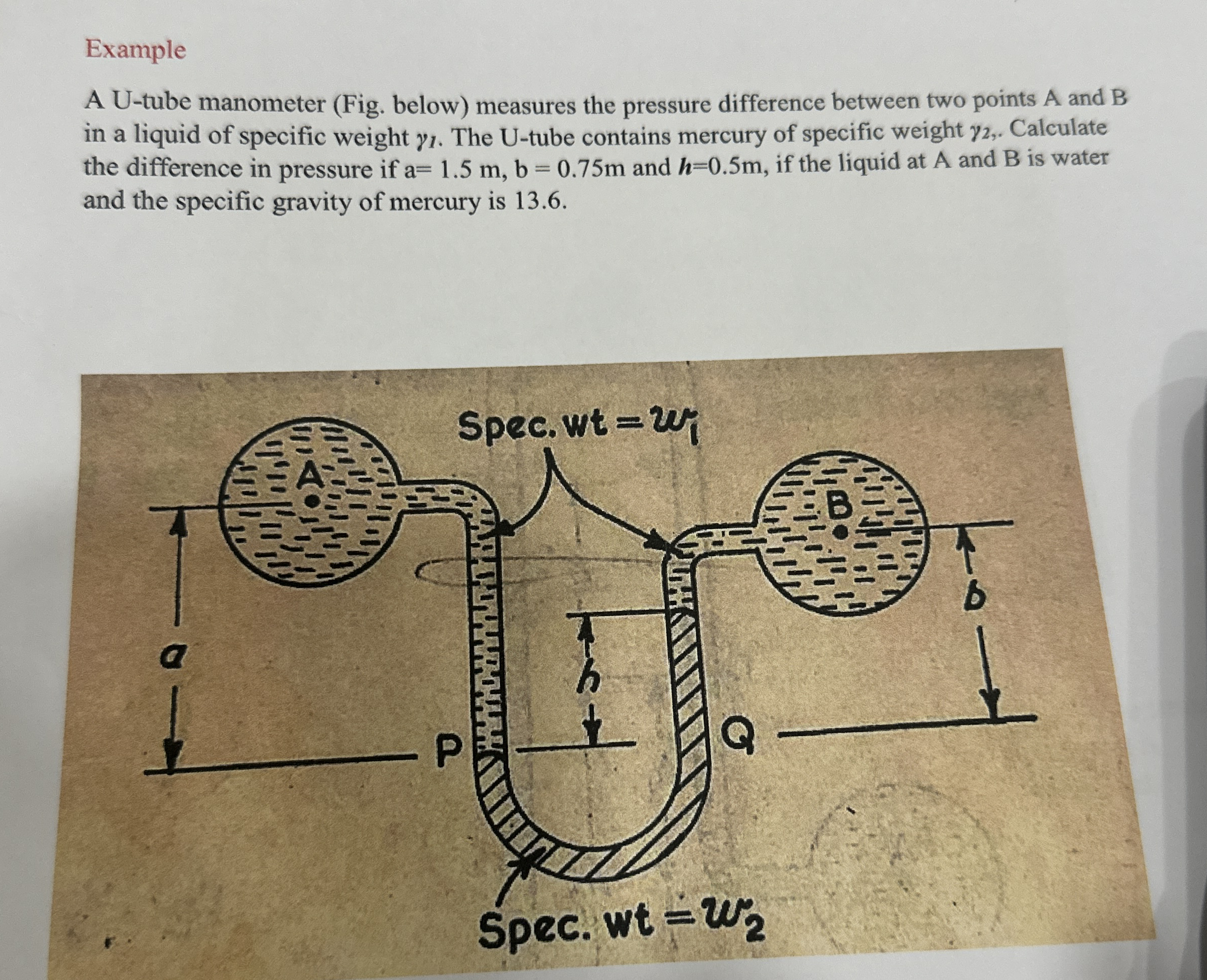 Example A U - tube manometer ( Fig . below )