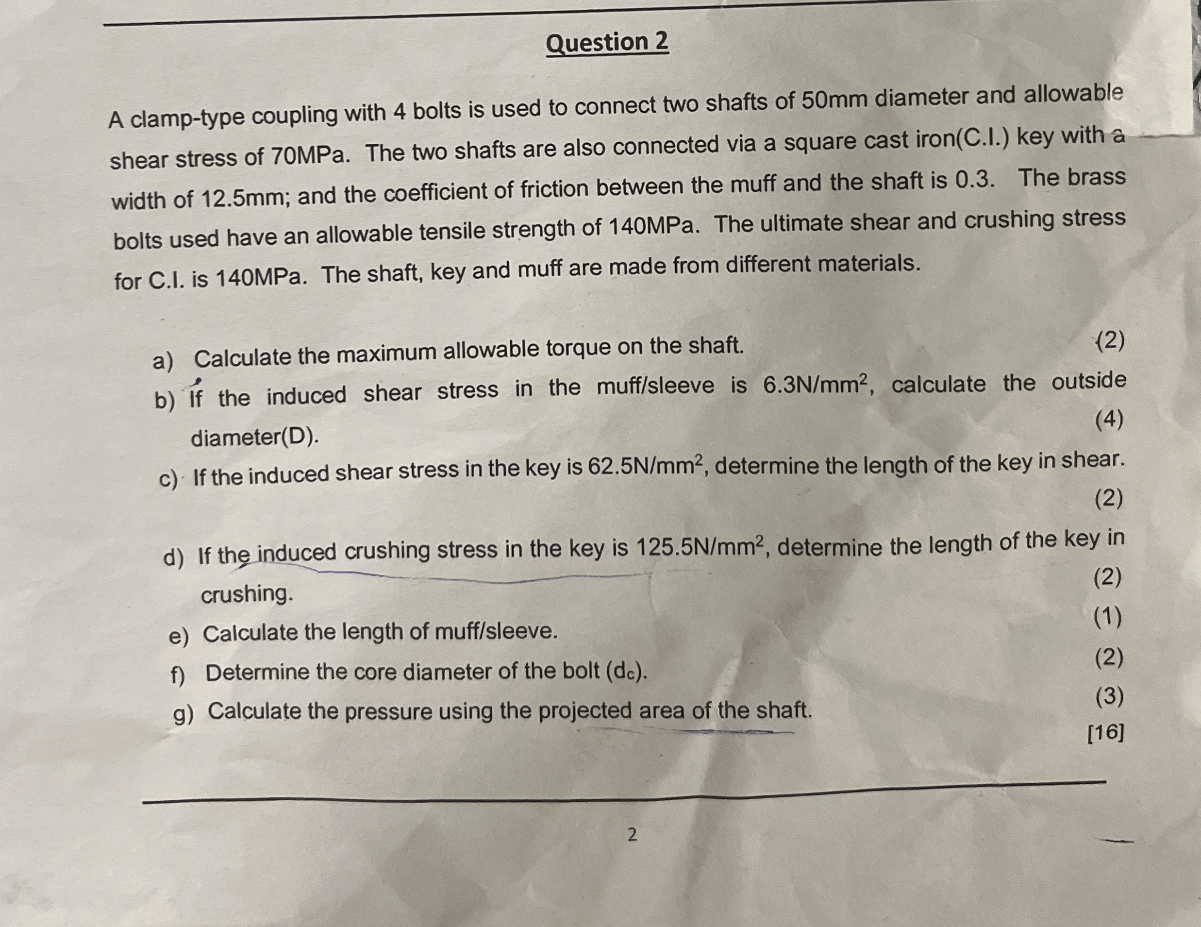 Question 2 A clamp - type coupling with 4 bolts