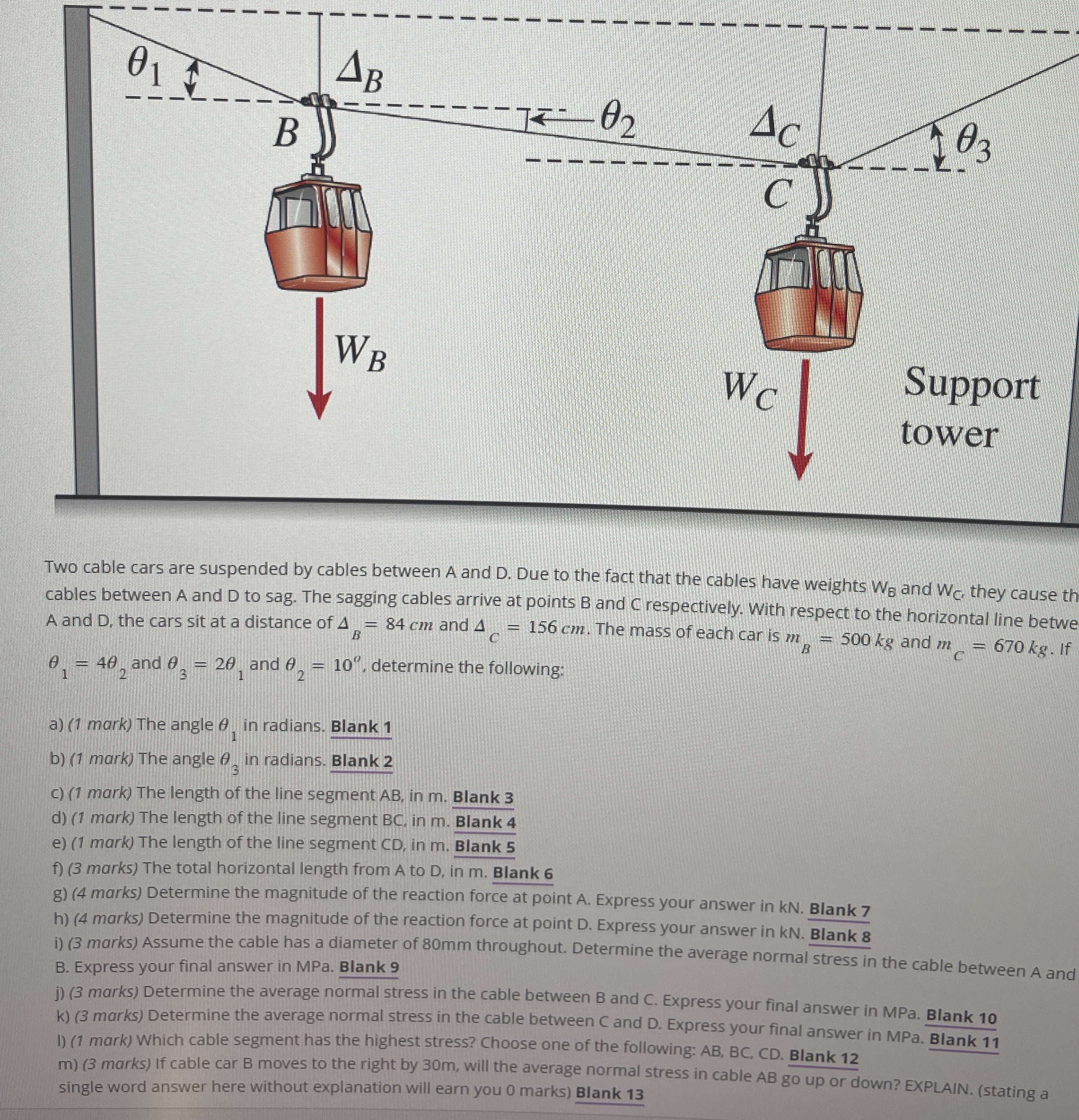 Two cable cars are suspended by cables between A