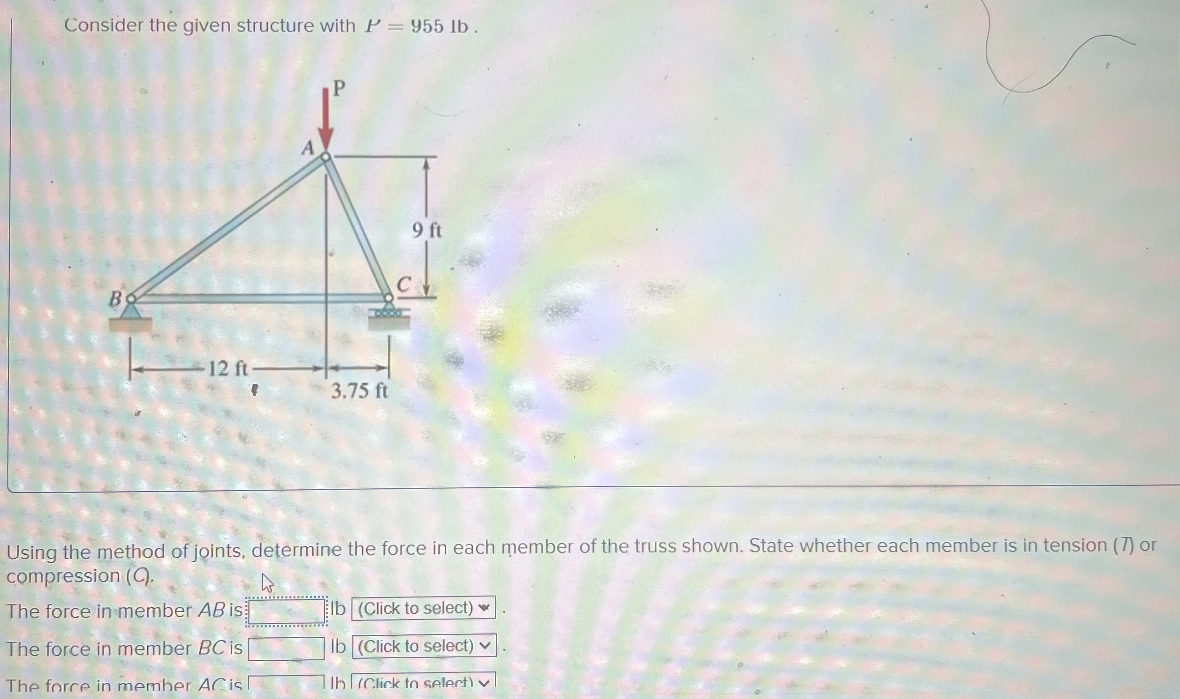 Consider the given structure with P = 9 5 5 l b .