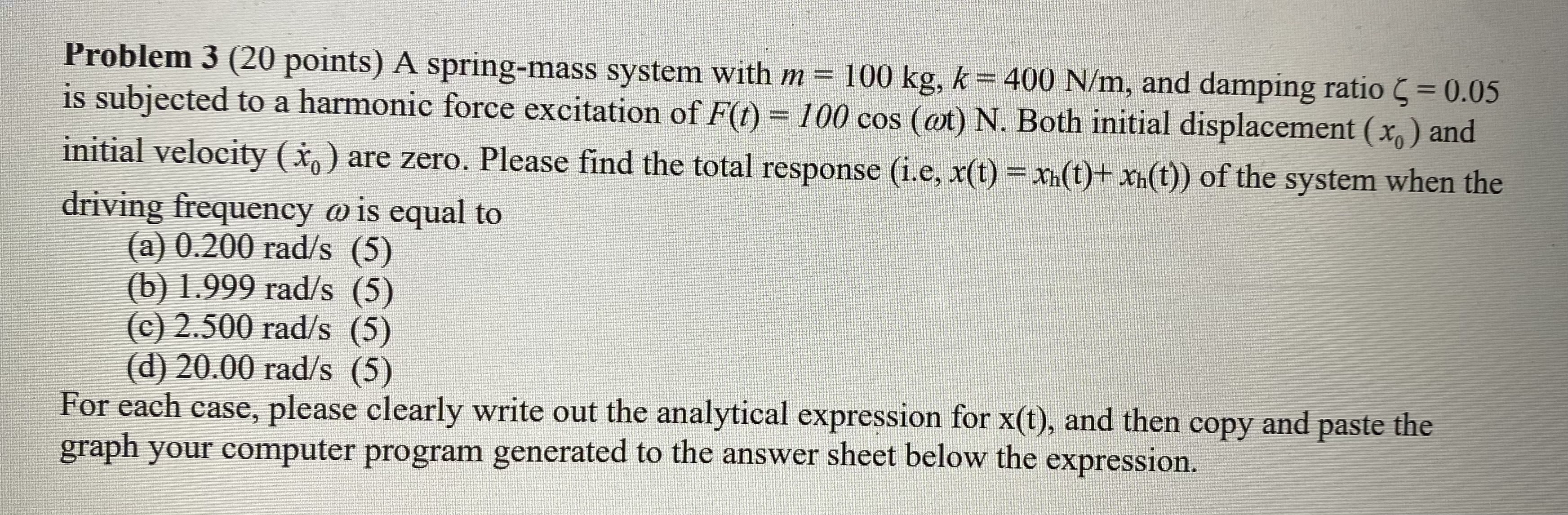 Problem 3 ( 2 0 points ) A spring - mass system