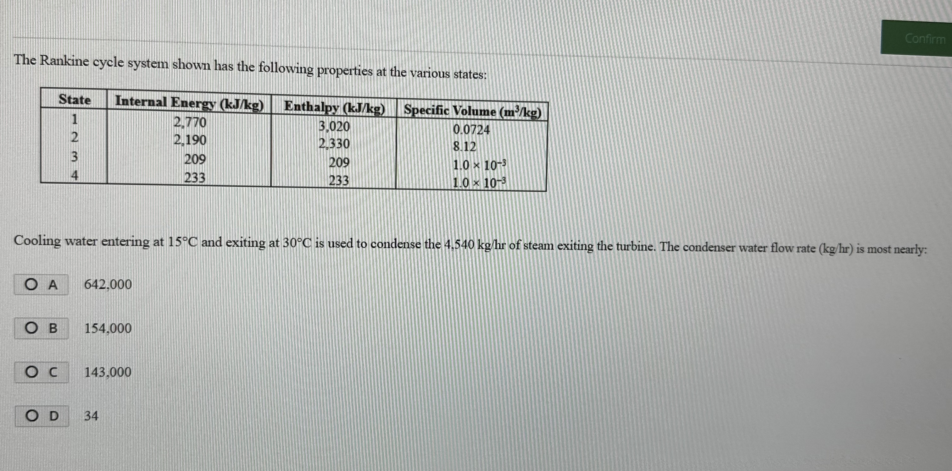 The Rankine cycle system shown has the following