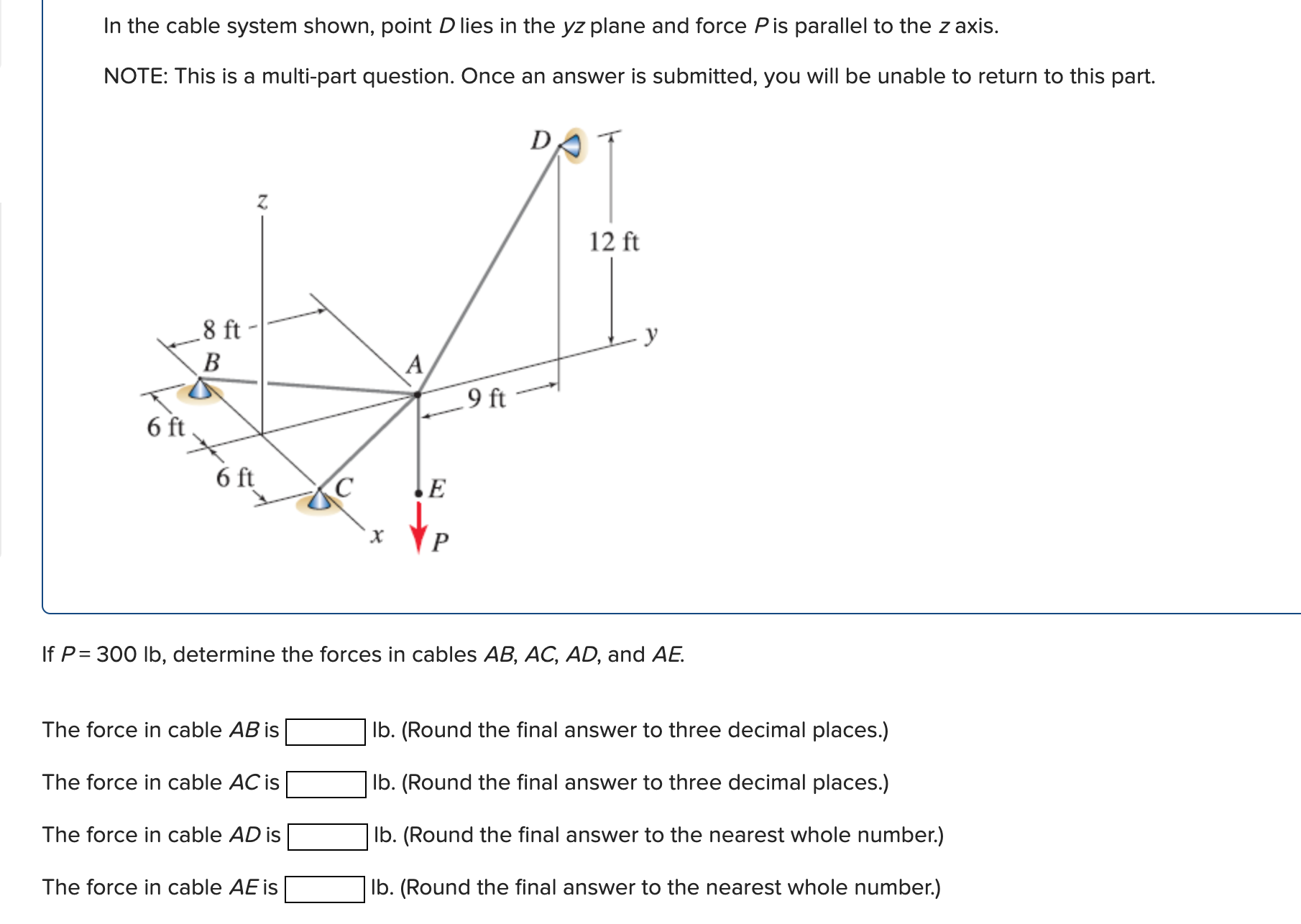 In the cable system shown, point D lies in the y