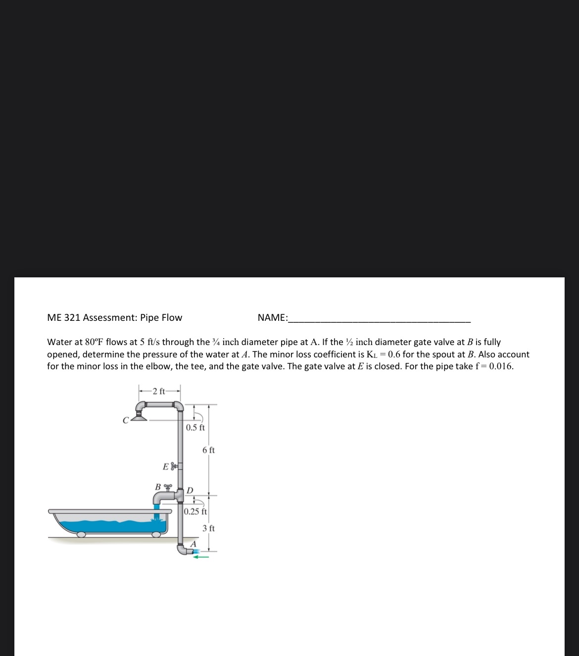 ME 3 2 1 Assessment: Pipe Flow NAME Water at 8 0