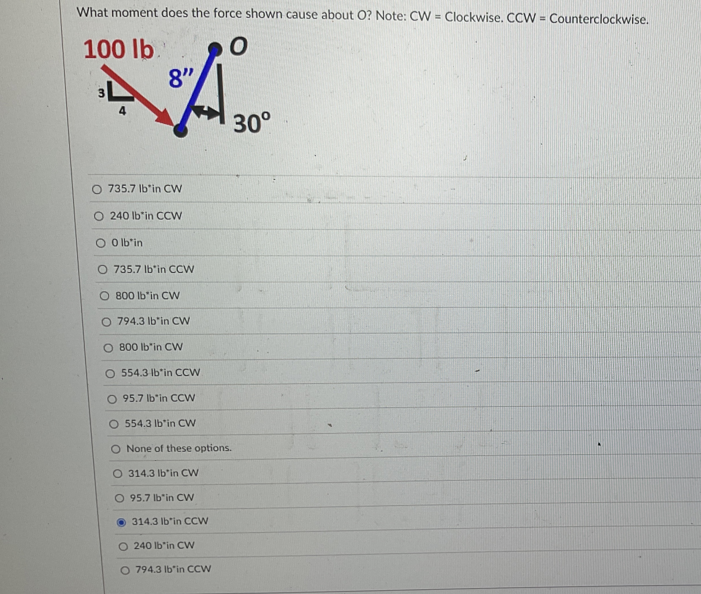What moment does the force shown cause about O ?