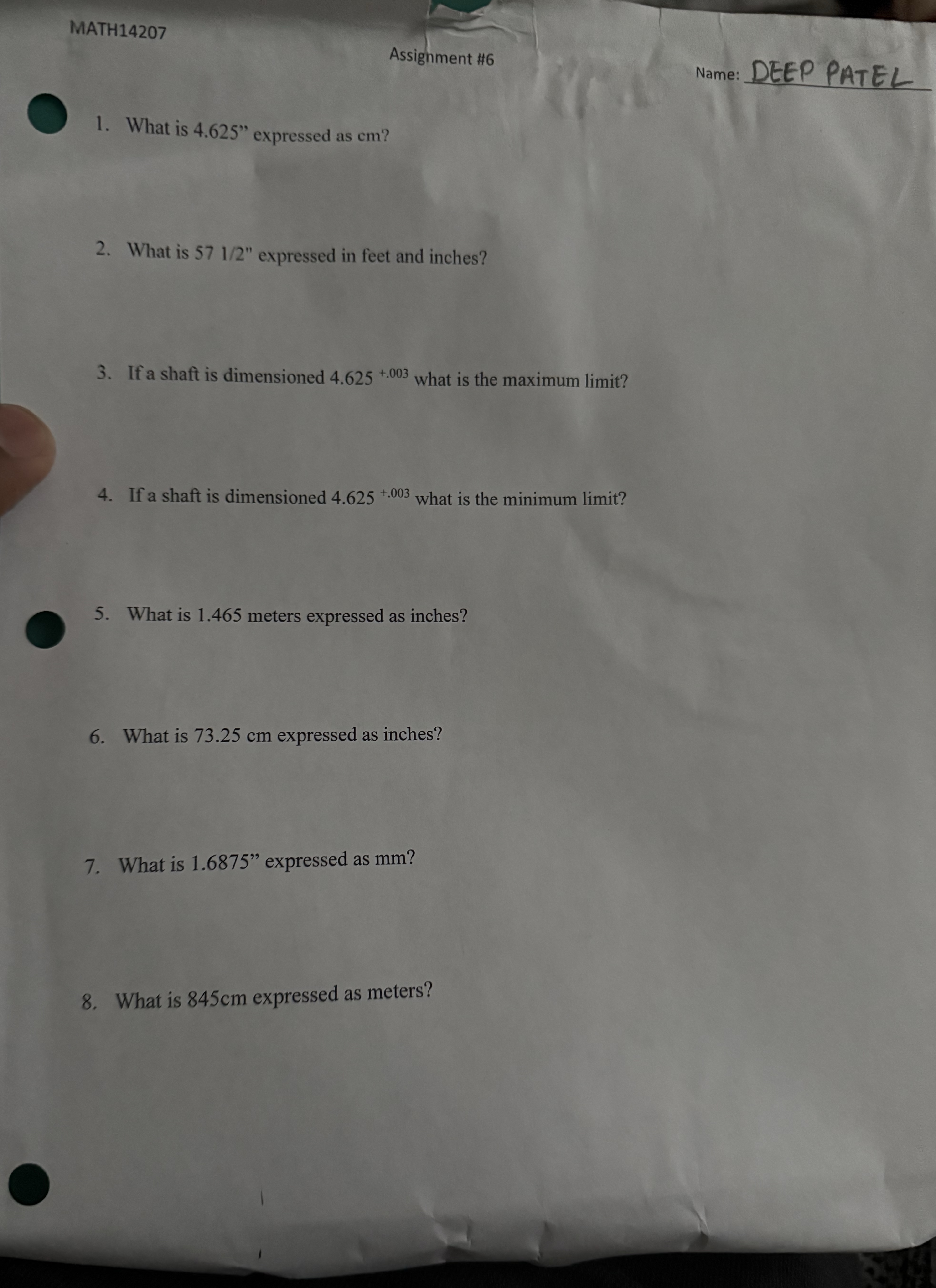 MATH 1 4 2 0 7 Assignment # 6 Name: DEEP PATEL