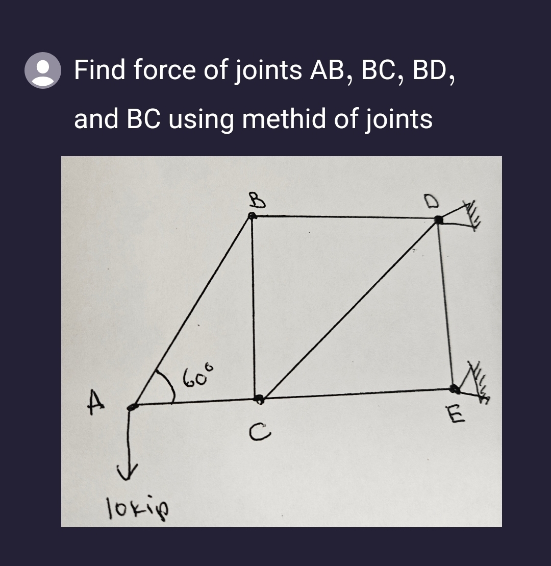 Find force of joints AB , BC , BD , and BC using