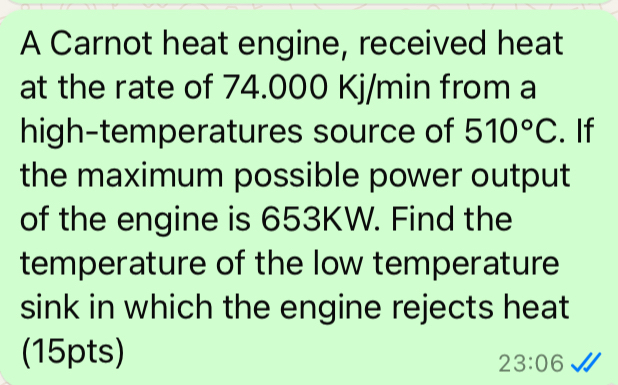 A Carnot heat engine, received heat at the rate