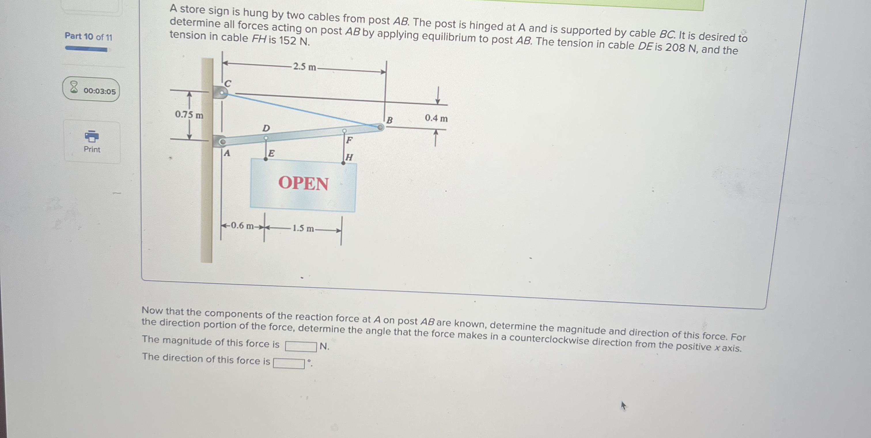 A store sign is hung by two cables from post A B
