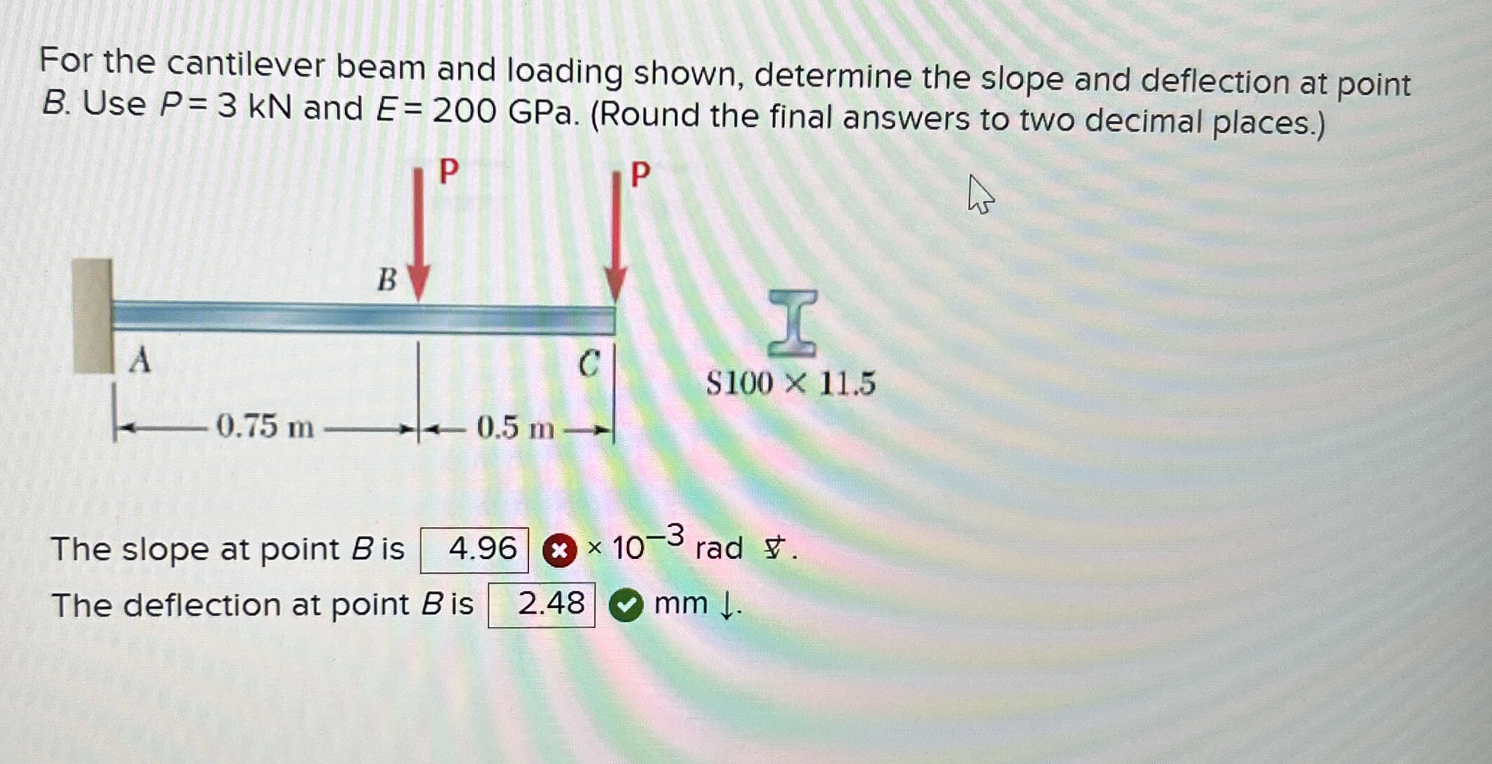 For the cantilever beam and loading shown,