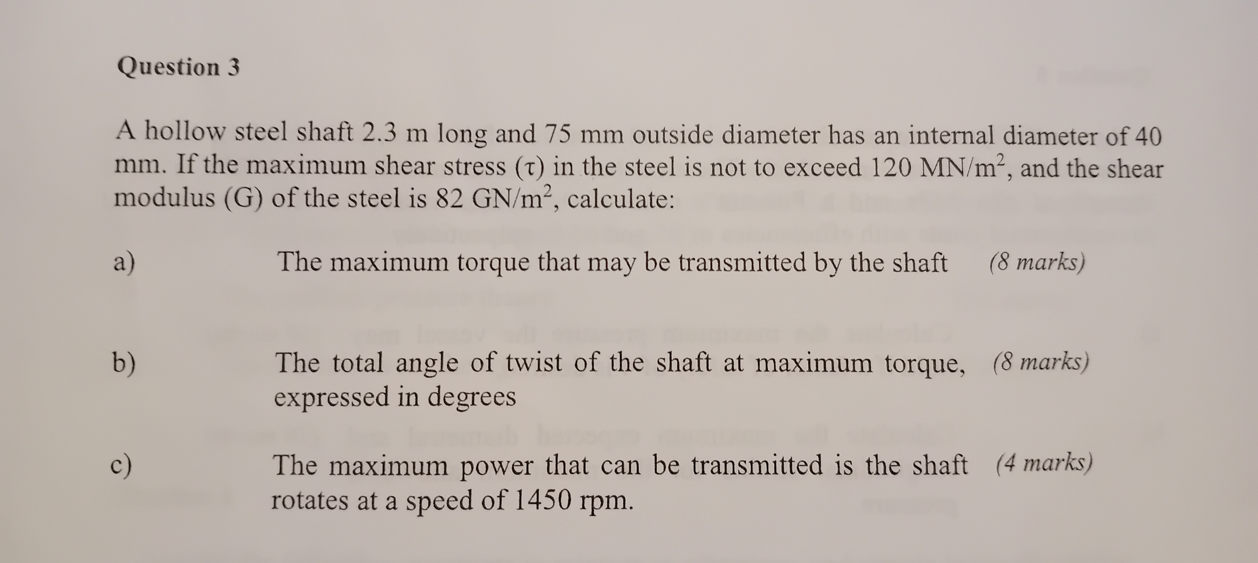 A hollow steel shaft 2 . 3 m long and 7 5 mm