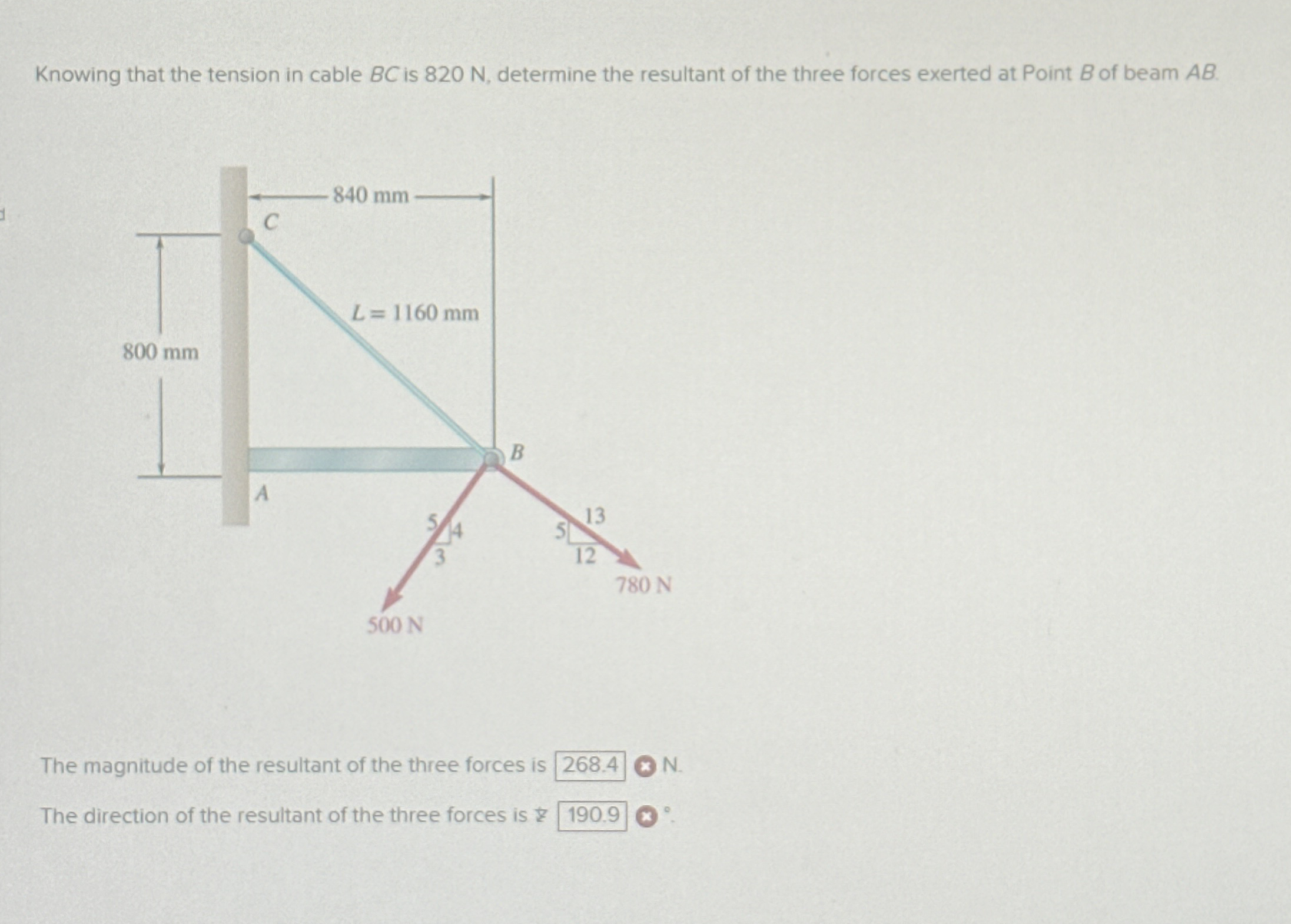 Knowing that the tension in cable B C is 8 2 0 N