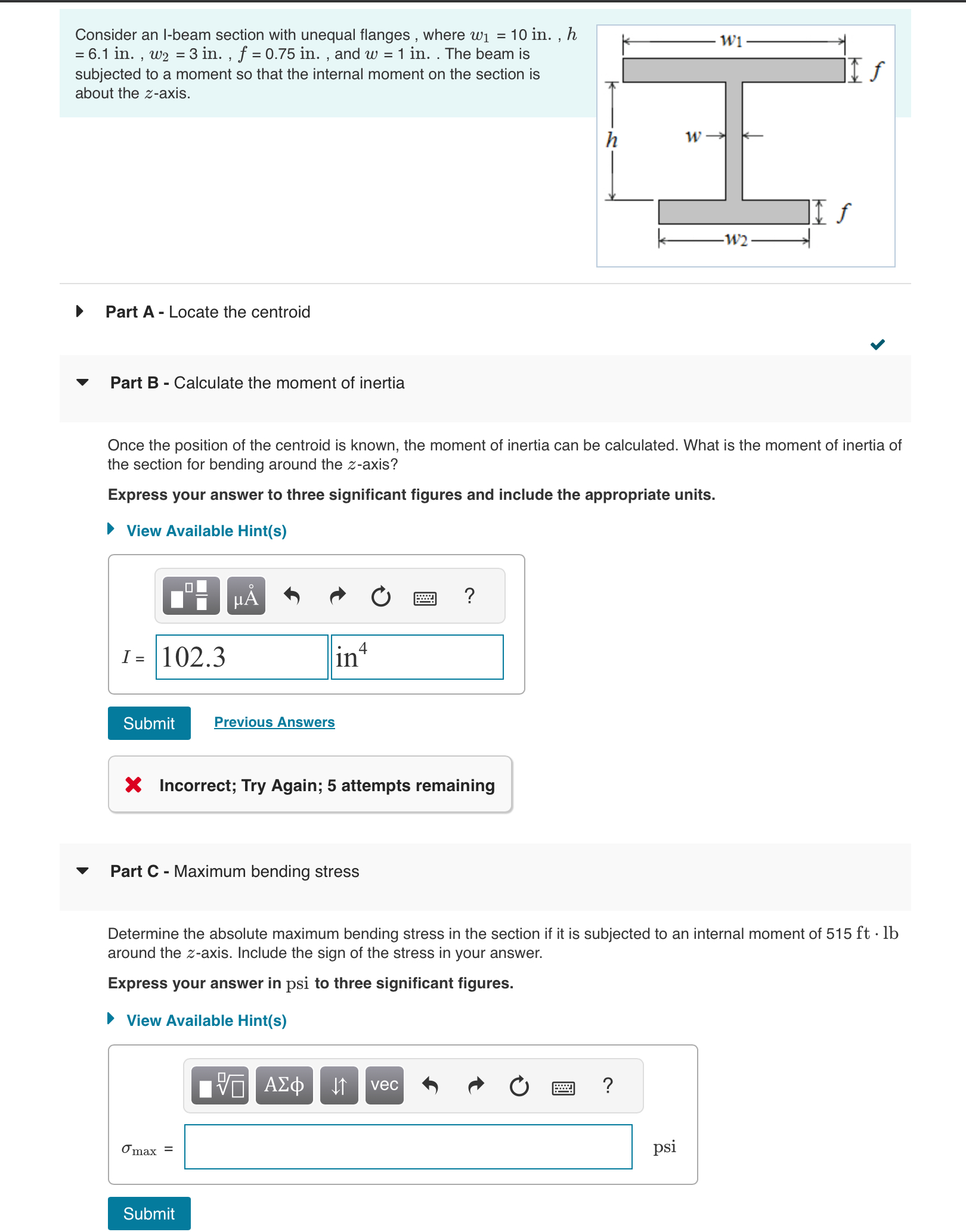 Consider an I - beam section with unequal