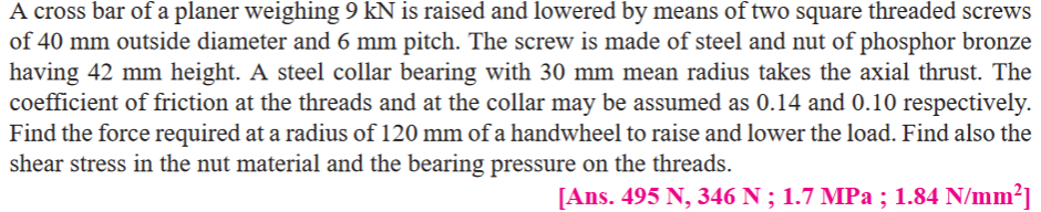 A cross bar of a planer weighing 9 kN is raised