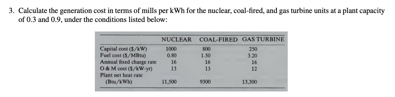 3 . Calculate the generation cost in terms of