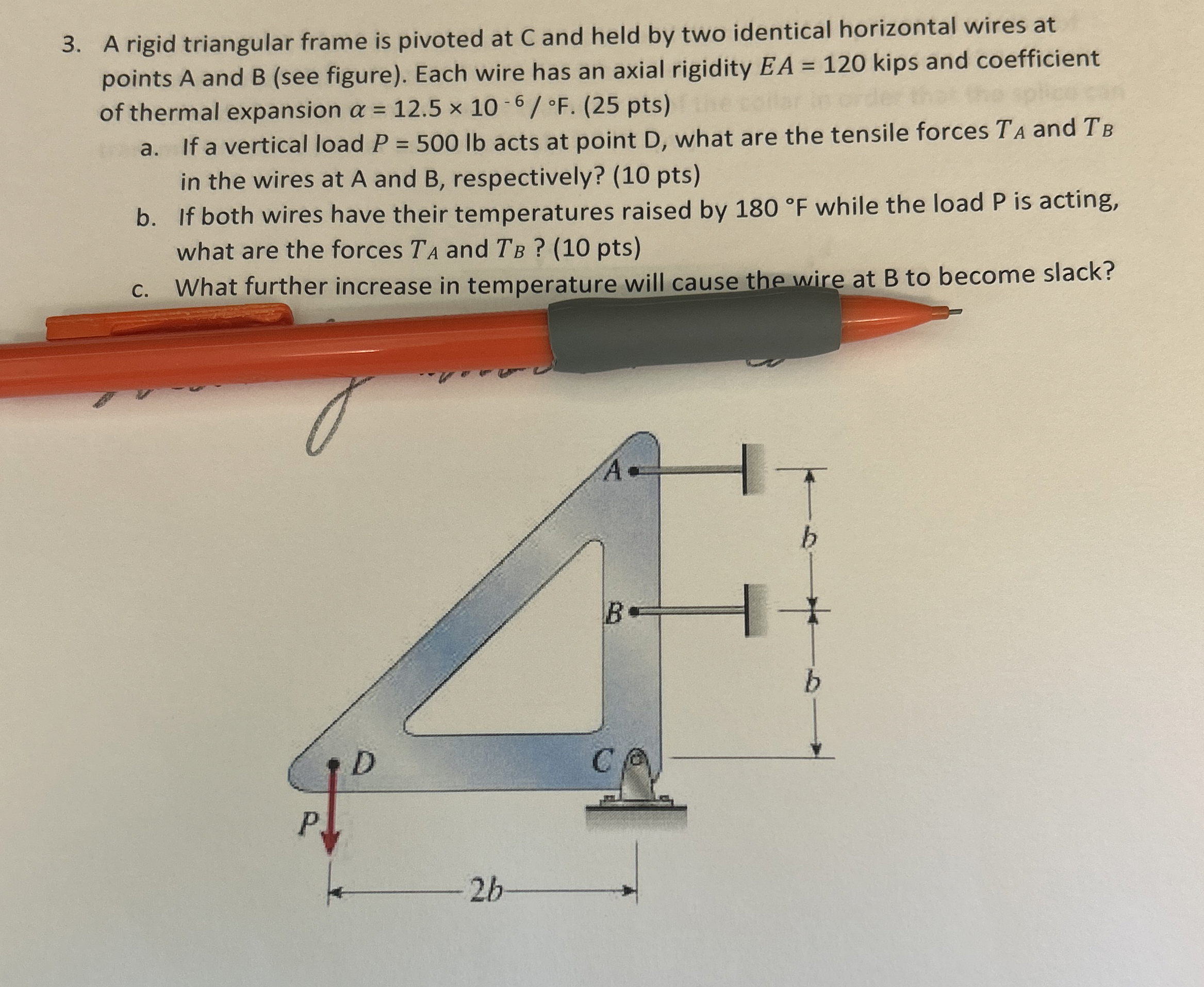 A rigid triangular frame is pivoted at C and held